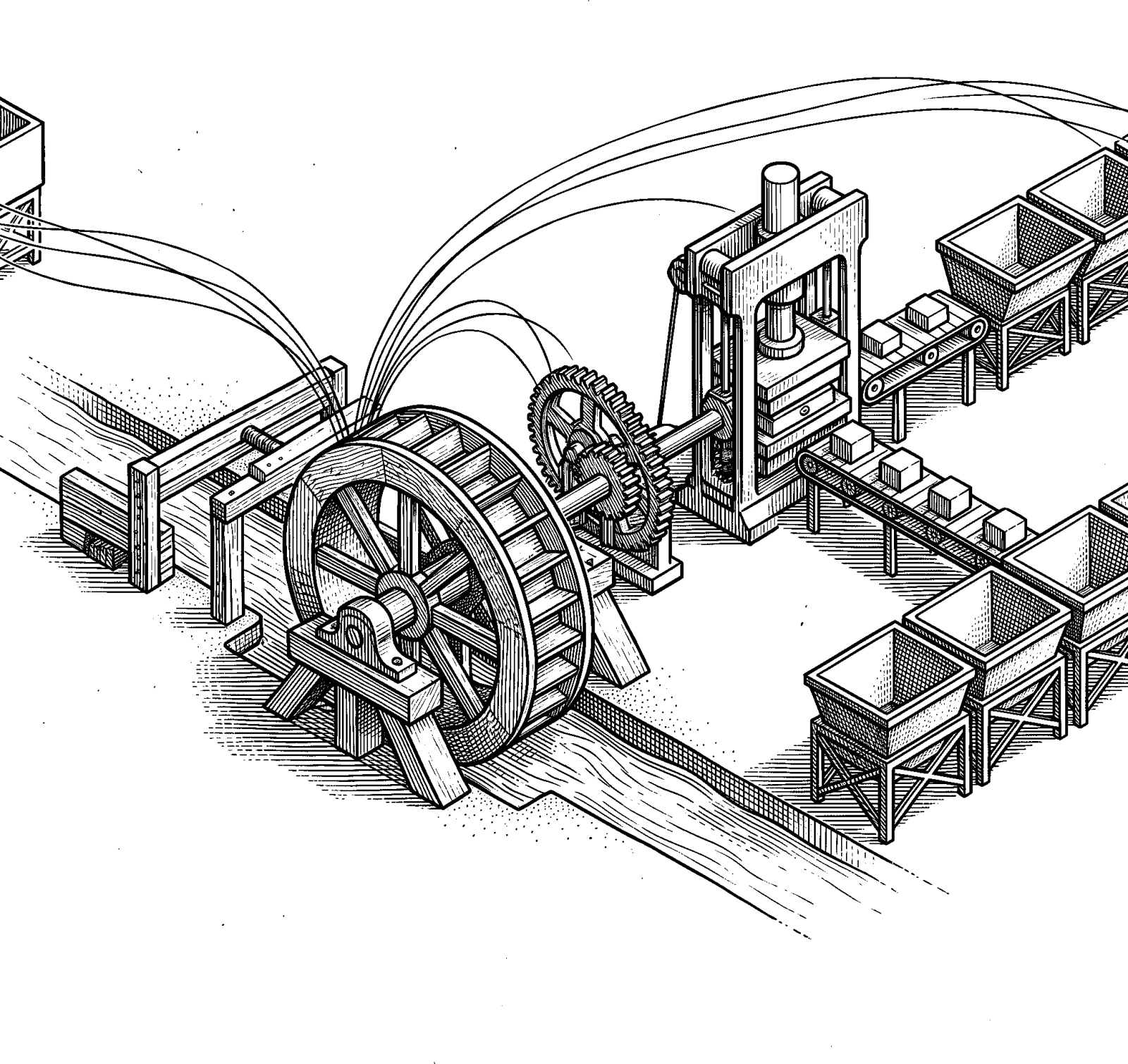 Hedcut illustration of Energy flow through an industrial system: scarcity yields to engineering when power becomes abundant.