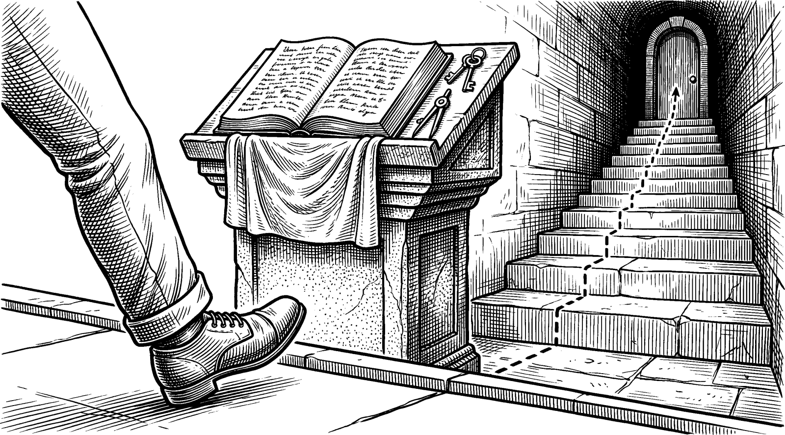 Hedcut illustration of Progress that endures must be anchored to covenant law, exercised through choices that remain genuinely voluntary and answerable.