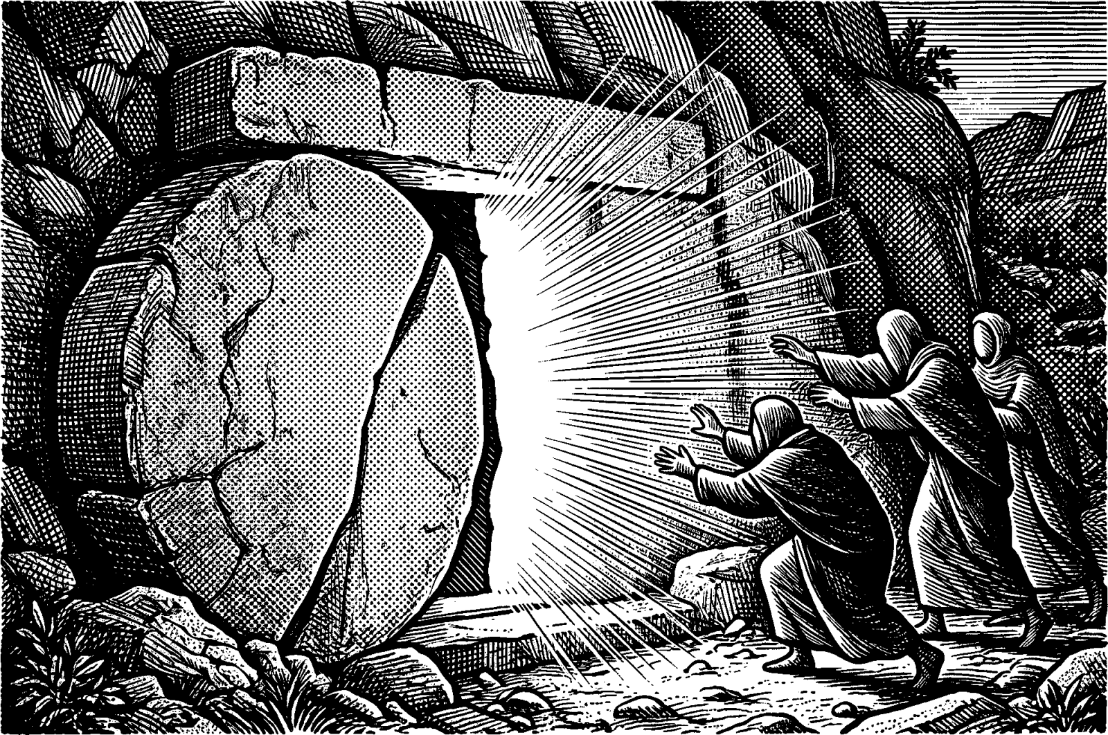 Hedcut illustration of The boundary of death: a grave closed over time and reopened by resurrection hope.