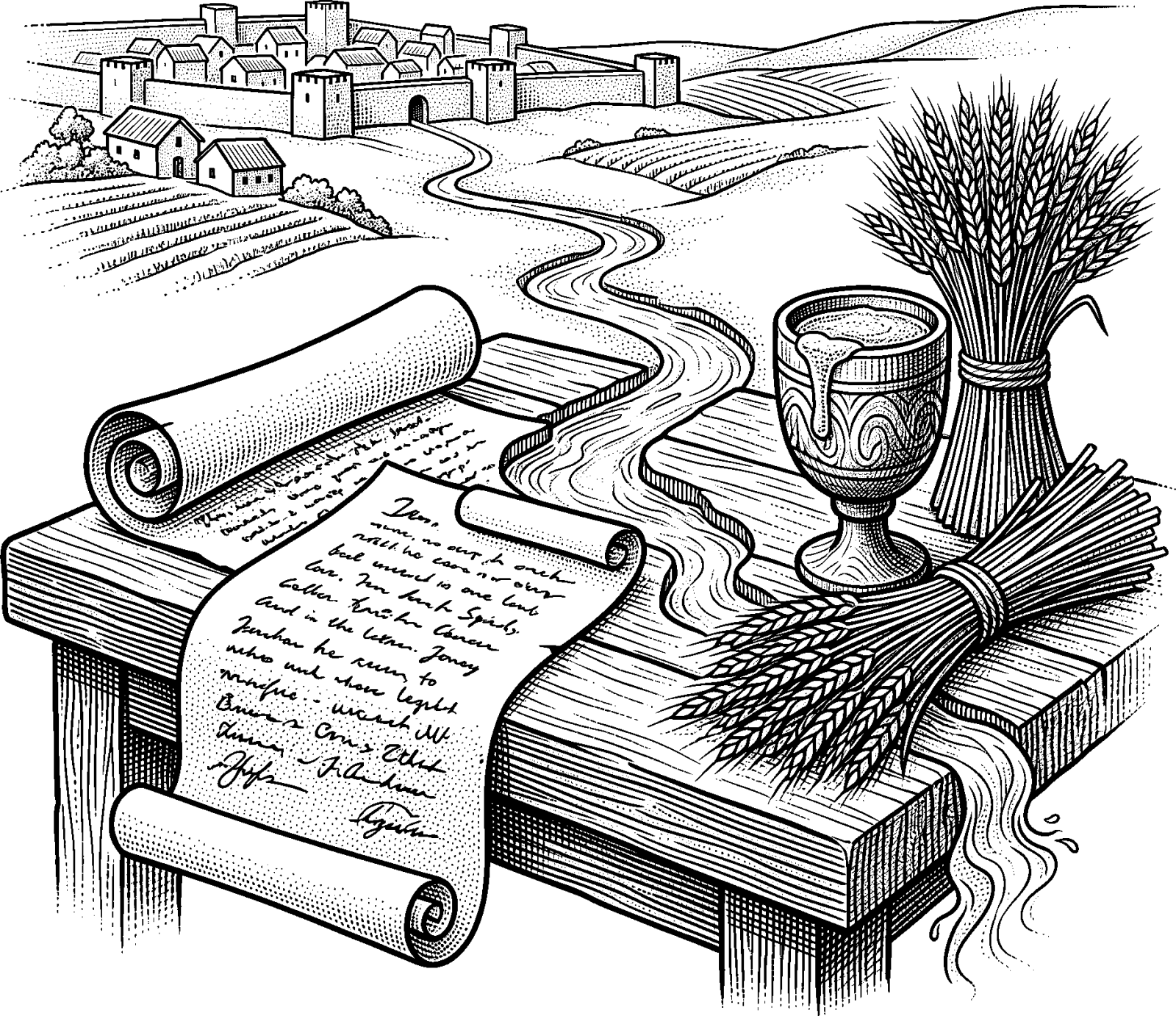 Hedcut illustration of Milk-and-honey abundance is portrayed as a land given to a faithful people.