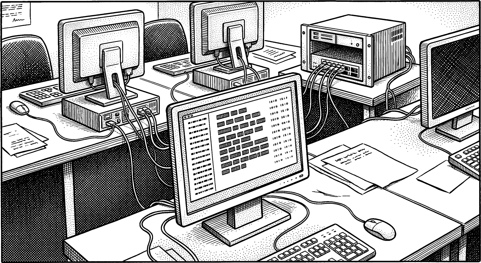Hedcut illustration of A blockchain is designed as a shared record—distributed across many computers rather than maintained by a single trusted keeper—so that participants can check one another’s accounts without surrendering control to a central authority.