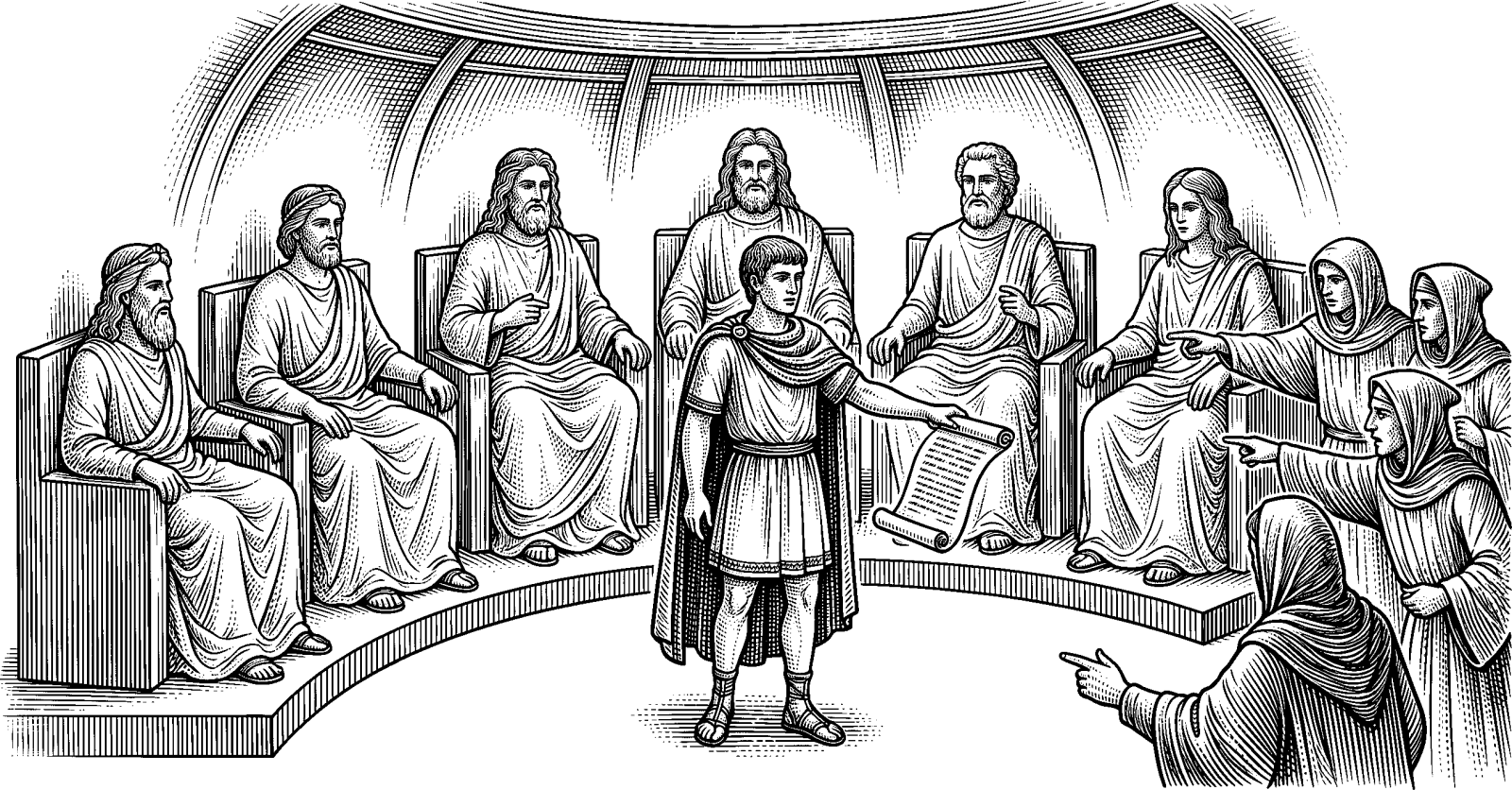 Hedcut illustration of Before “adversary” became a name, it was a role—one who contests, interrogates, and blocks. In scripture, opposition begins as a function within accountable order, not as a free-floating rebellion.