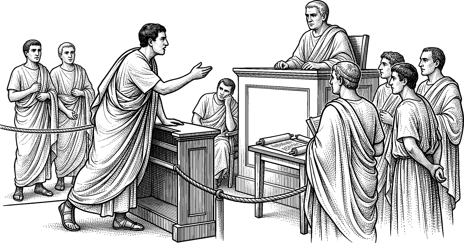 Hedcut illustration of Classical contention joined athletic strain, military struggle, and courtroom advocacy, reminding later writers that the word can name both trial by examination and the heat of personal conflict.
