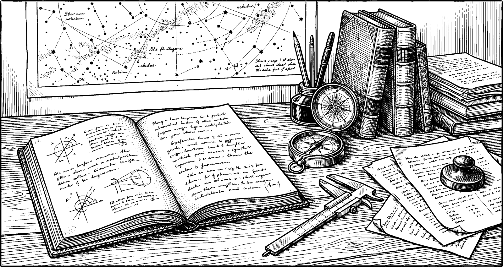 Hedcut illustration of Cosmism proposes that scientific labor belongs to a salvific project: the living owe something to the dead, and space is imagined as the later venue for humanity’s continued work.