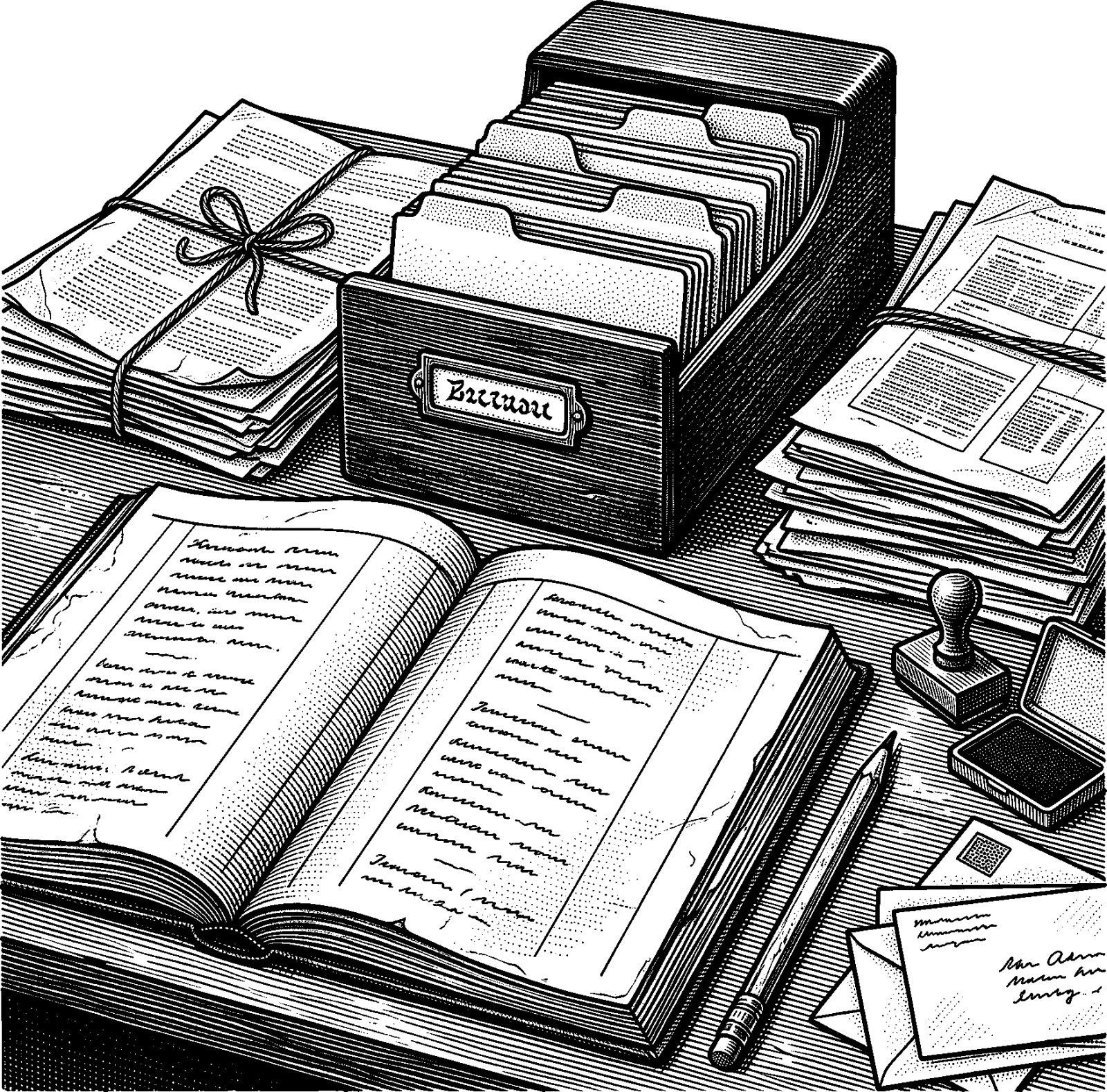 Hedcut illustration of Family-history practice supplies the names and dates that allow proxy ordinance work, and Latter-day Saints treat careful record-keeping as a necessary part of doing vicarious ordinances for the dead.