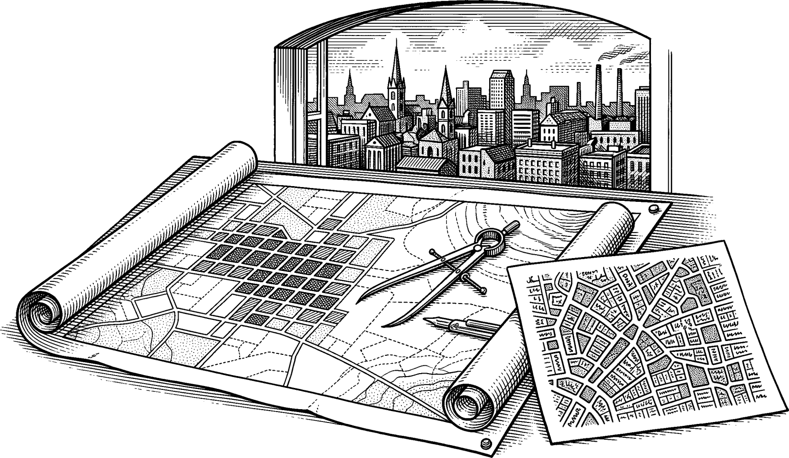 Hedcut illustration of A charter city begins with rules negotiated up front, often documented as a legal framework governing a defined territory. The modern proposal associated with Paul Romer argues that choice of governance can shape economic outcomes.