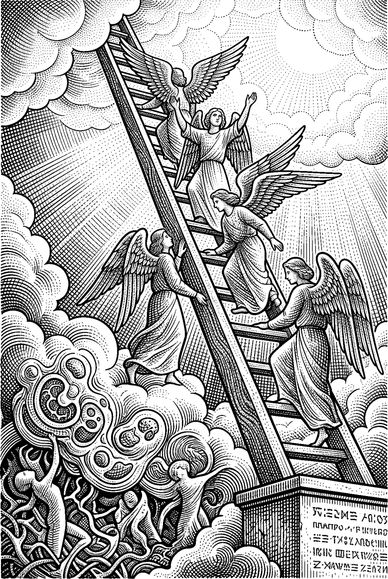 Hedcut illustration of The Christian promise does not flatten the distance between God and humanity; it insists that divinity can be approached through participation in Christ’s own life.