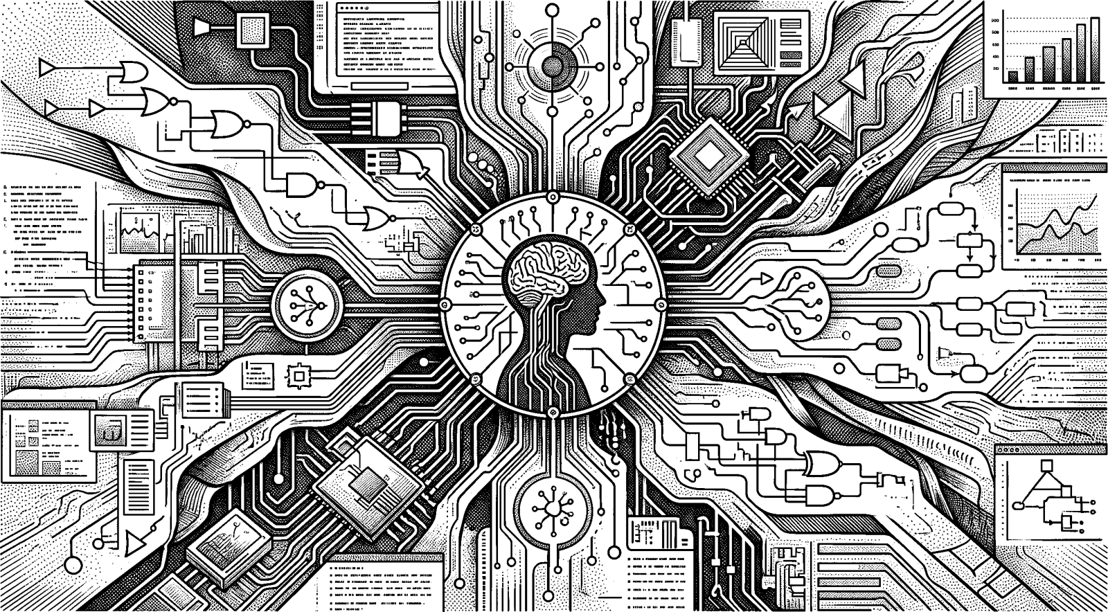 Hedcut illustration of The concept of artificial general intelligence imagines a machine that can transfer what it has learned across many kinds of work, not just operate in a single narrow setting.