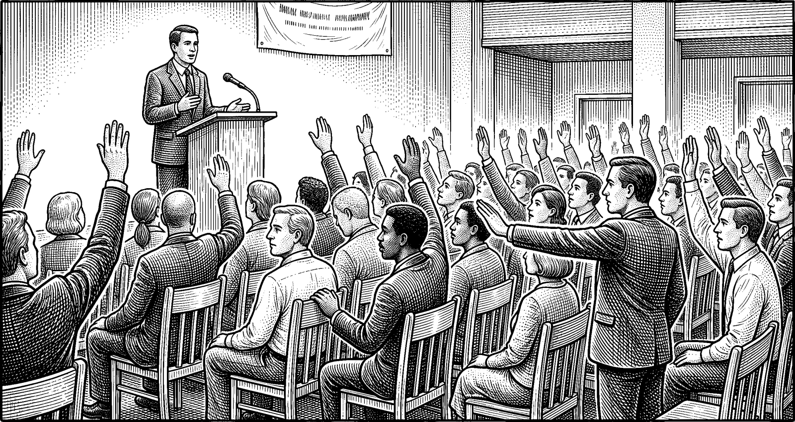 Hedcut illustration of In ordination and sustaining practices, the community is invited to respond openly to a proposed calling, reinforcing the idea that legitimacy depends on assent that can be withheld rather than on silent compliance.