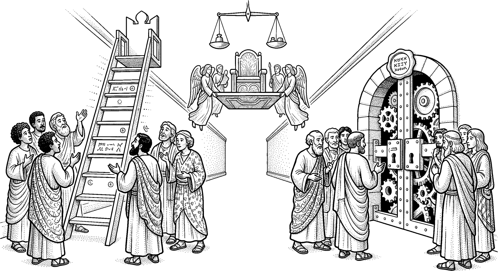 Hedcut illustration of In the War in Heaven, the decisive issue was not comfort but risk: whether creation would permit real becoming or reduce beings to mechanisms.