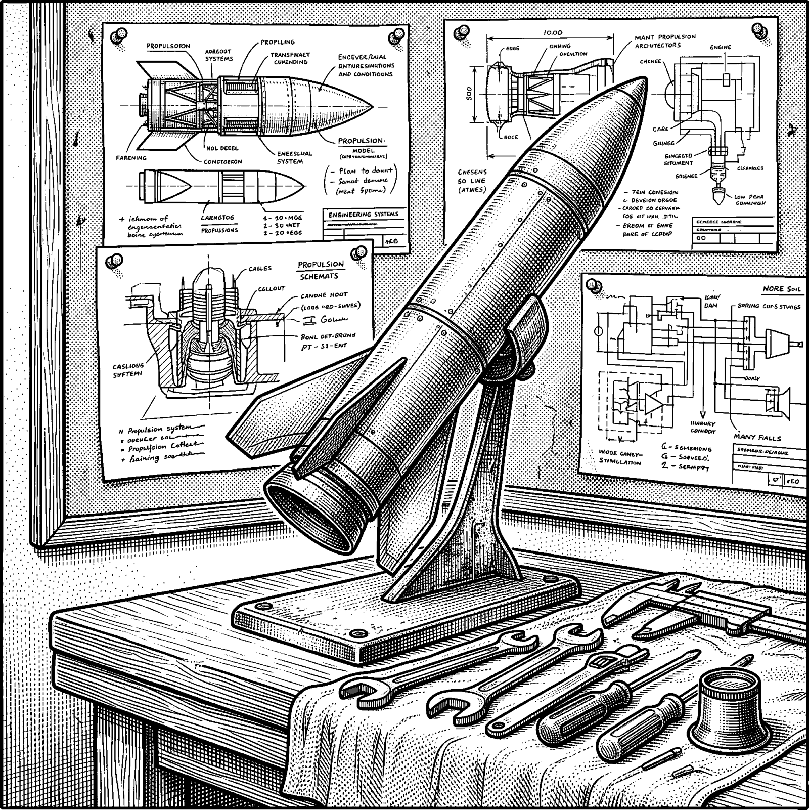 Hedcut illustration of In Tsiolkovsky’s orbit, a species that survives death would naturally extend its reach beyond Earth, making space settlement a practical continuation of human flourishing rather than a distant fantasy.