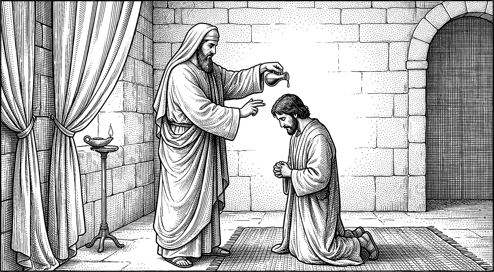 Hedcut illustration of Across the Judeo-Christian tradition, anointing is treated as an investiture sign—marking persons for a charged office or commission rather than simply conferring status for its own sake.