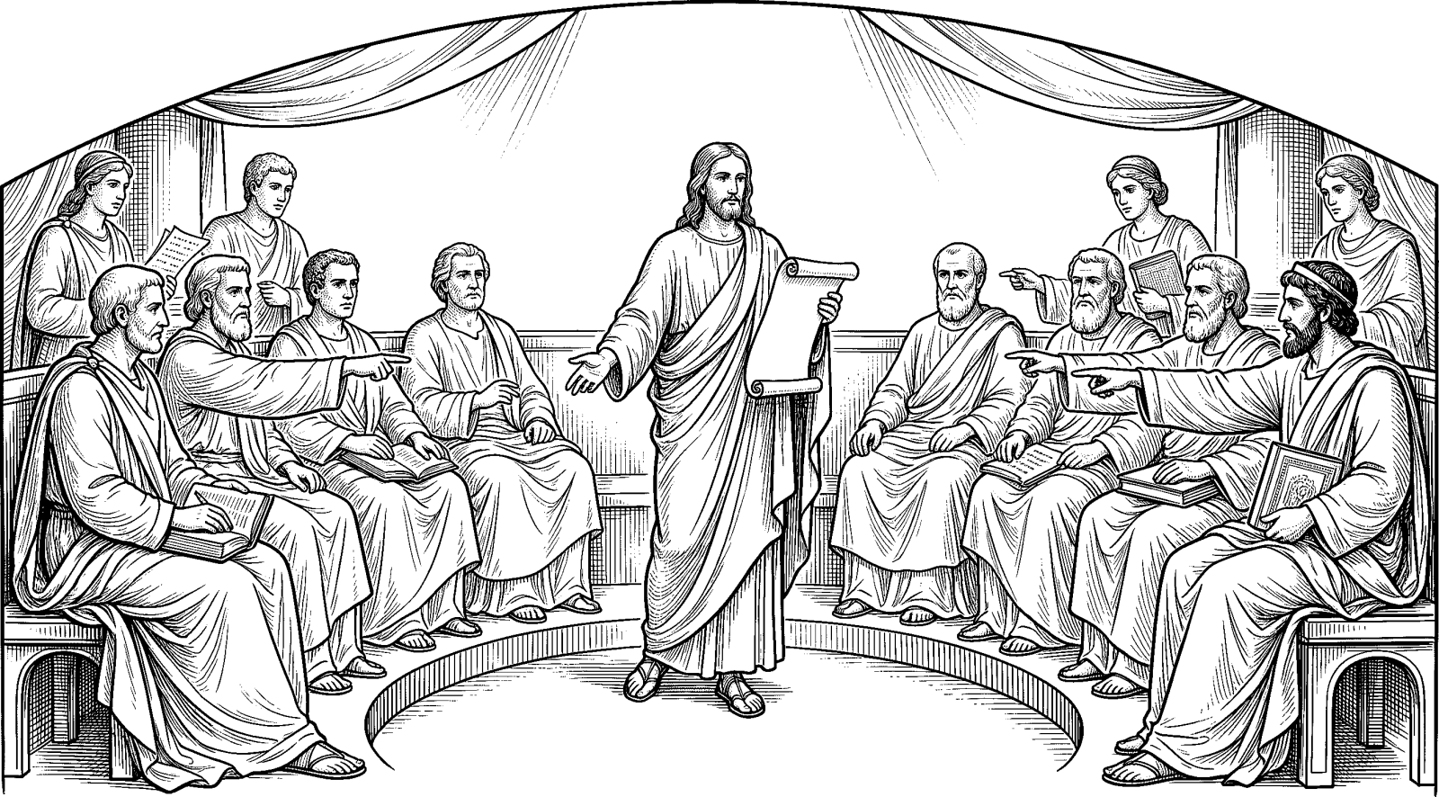 Hedcut illustration of Before “adversary” became a name, it was a role—one who contests, interrogates, and blocks. In scripture, opposition begins as a function within accountable order, not as a free-floating rebellion.