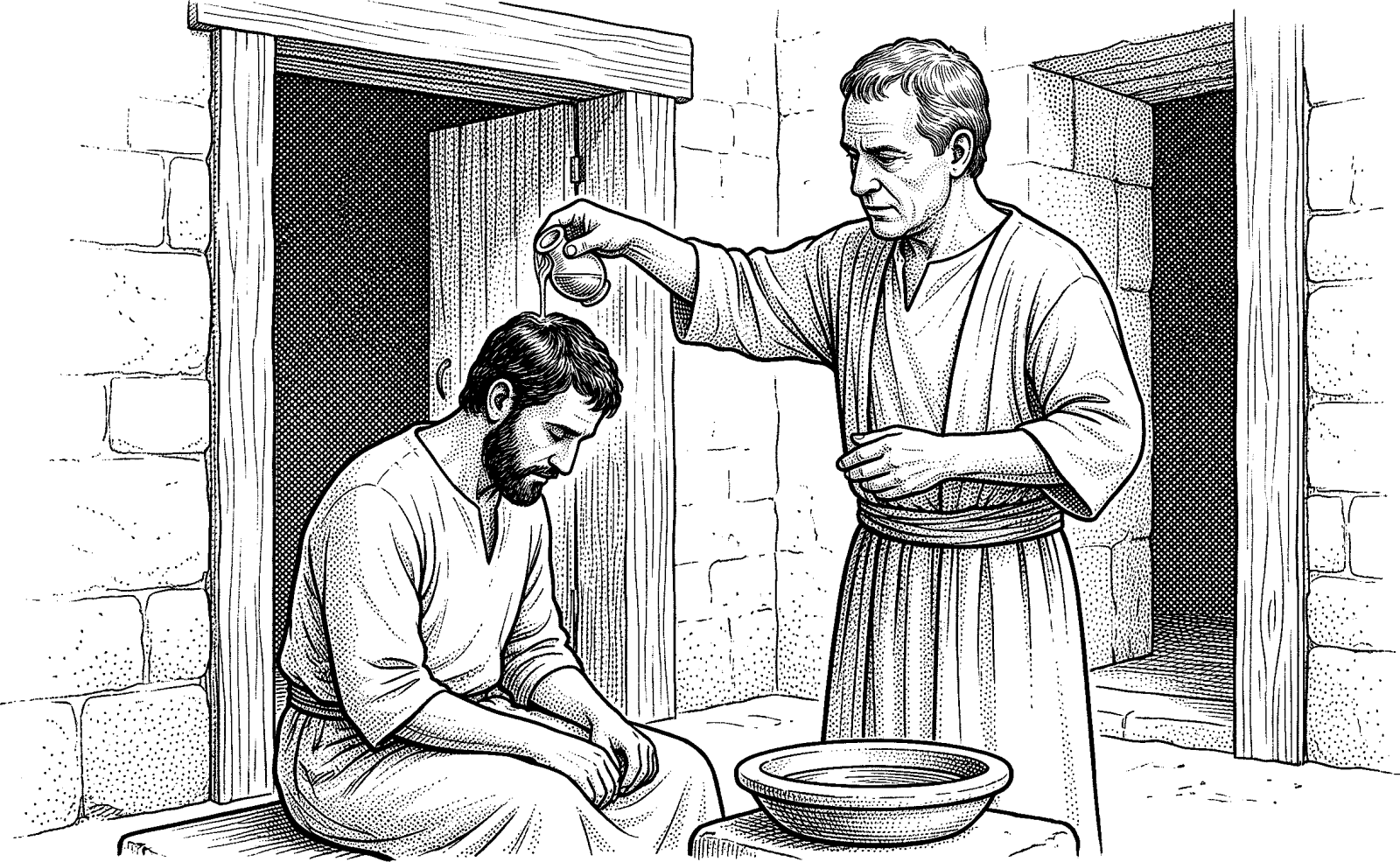 Hedcut illustration of In the Hebrew Bible, the anointed role—reserved for prophets, priests, and kings—designates those set apart for an earthly mission. The title “Christ,” translated from the Greek for “anointed,” carries that same appointing, service-oriented meaning into the New Testament.