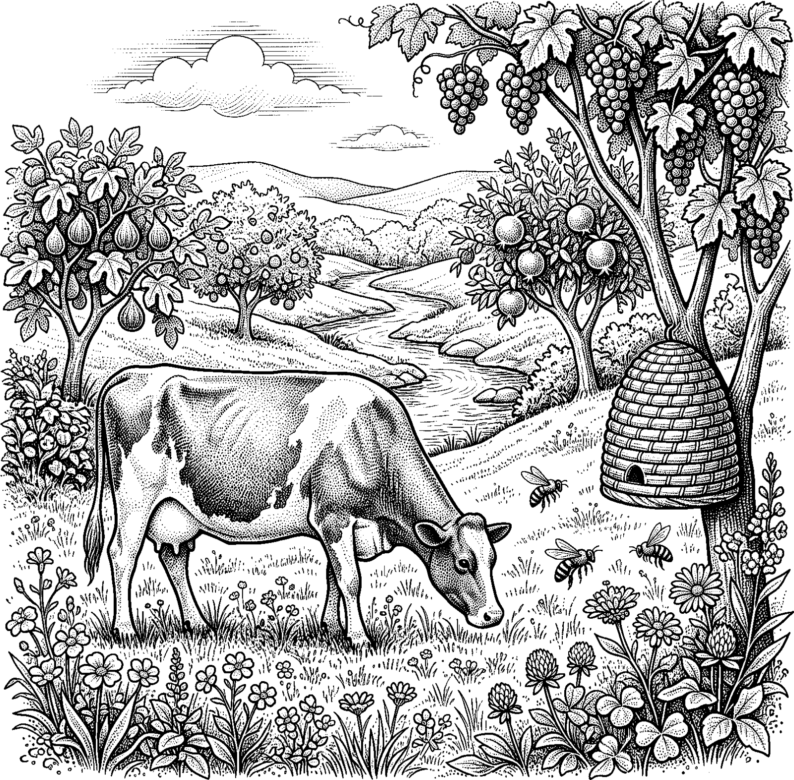 Hedcut illustration of Milk-and-honey abundance is portrayed as a land given to a faithful people.