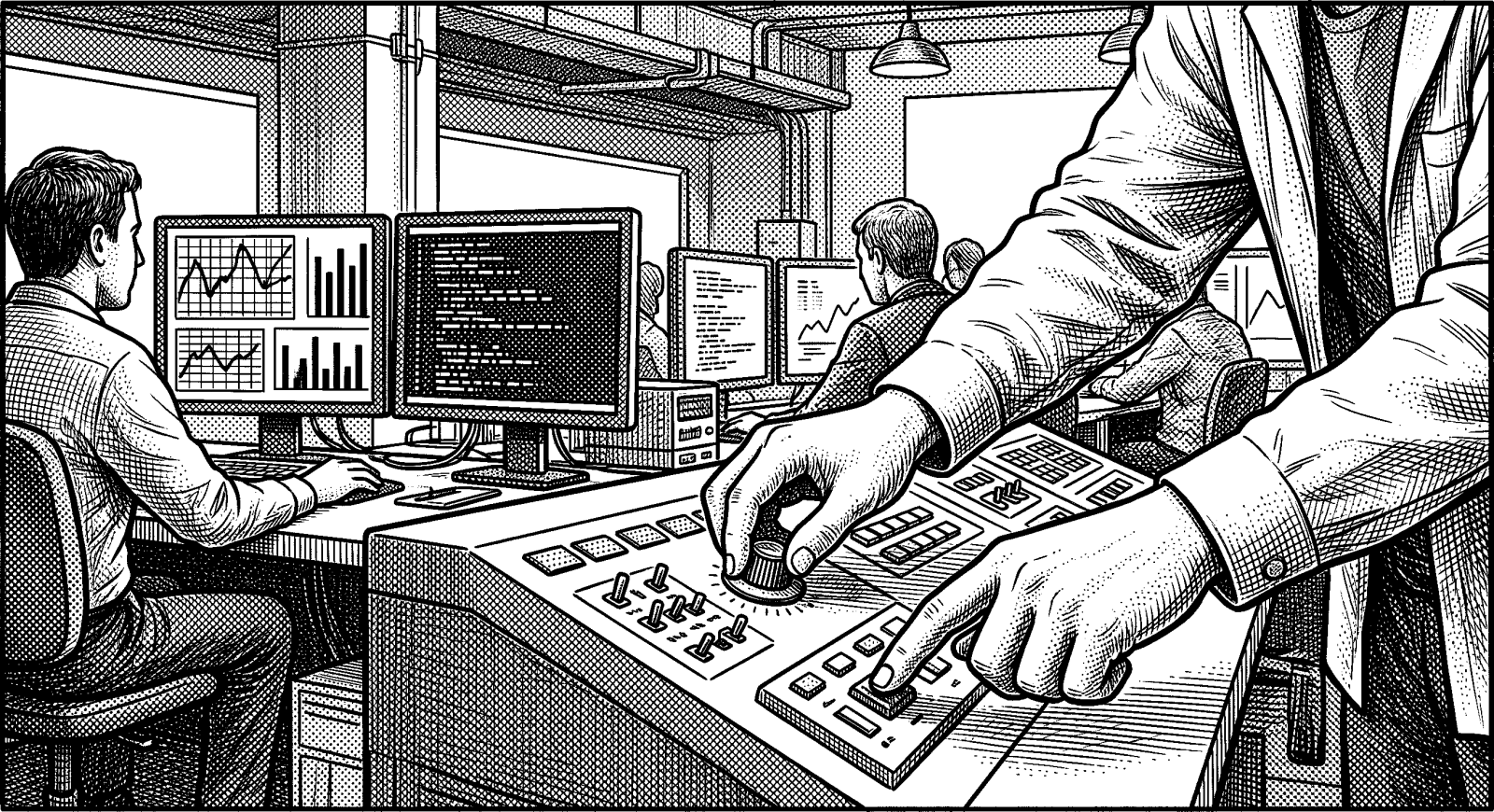 Hedcut illustration of Alignment theorists argue that as machines gain autonomy, designers must specify goals robustly enough to steer behavior under changing conditions—an engineering demand that moral responsibility alone cannot replace.