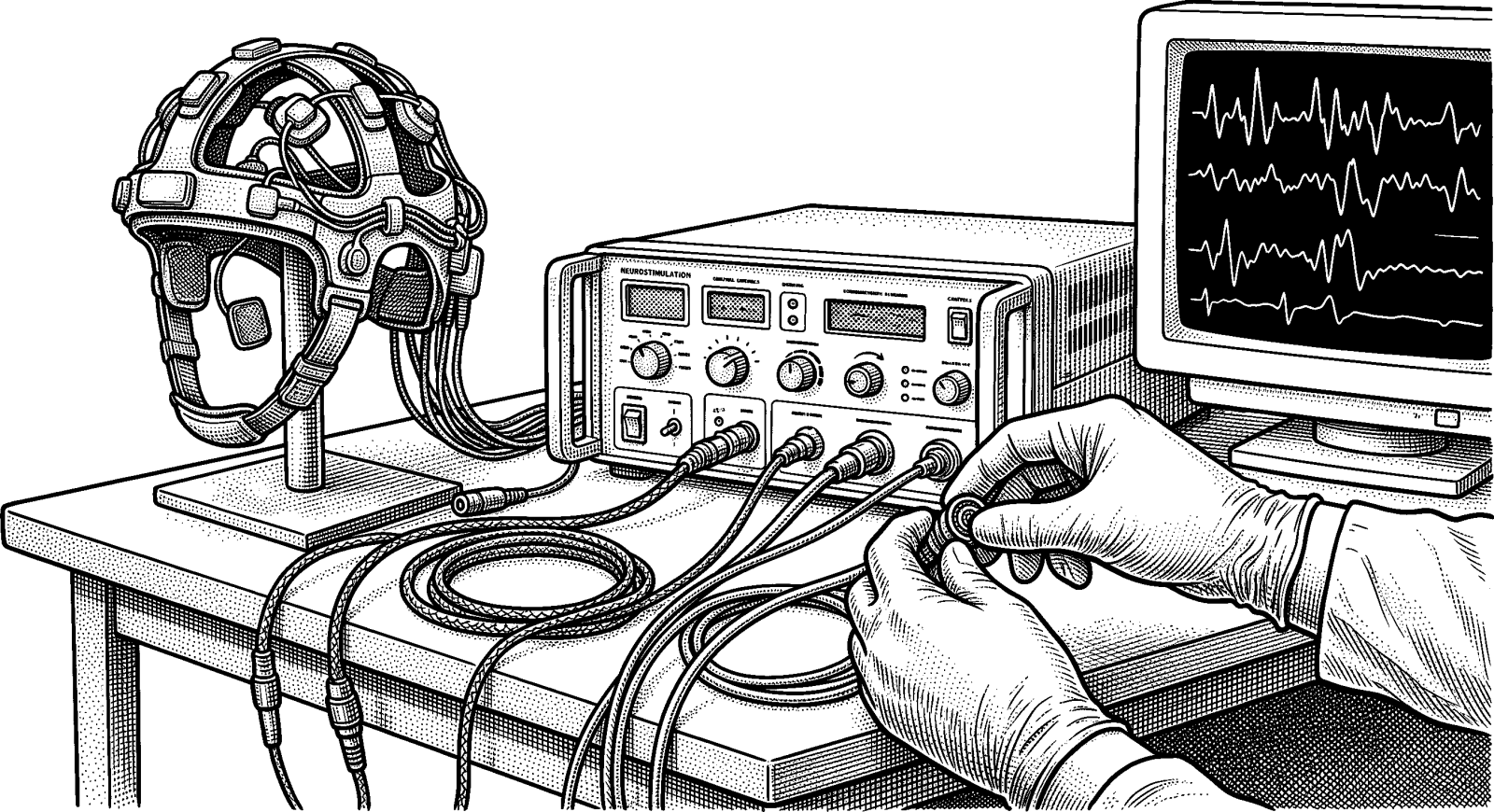 Hedcut illustration of Closed-loop brain stimulation is one modern approach to changing mood states by monitoring neural activity and responding automatically—an effort to treat suffering through technology while raising questions about the right way to form hope.