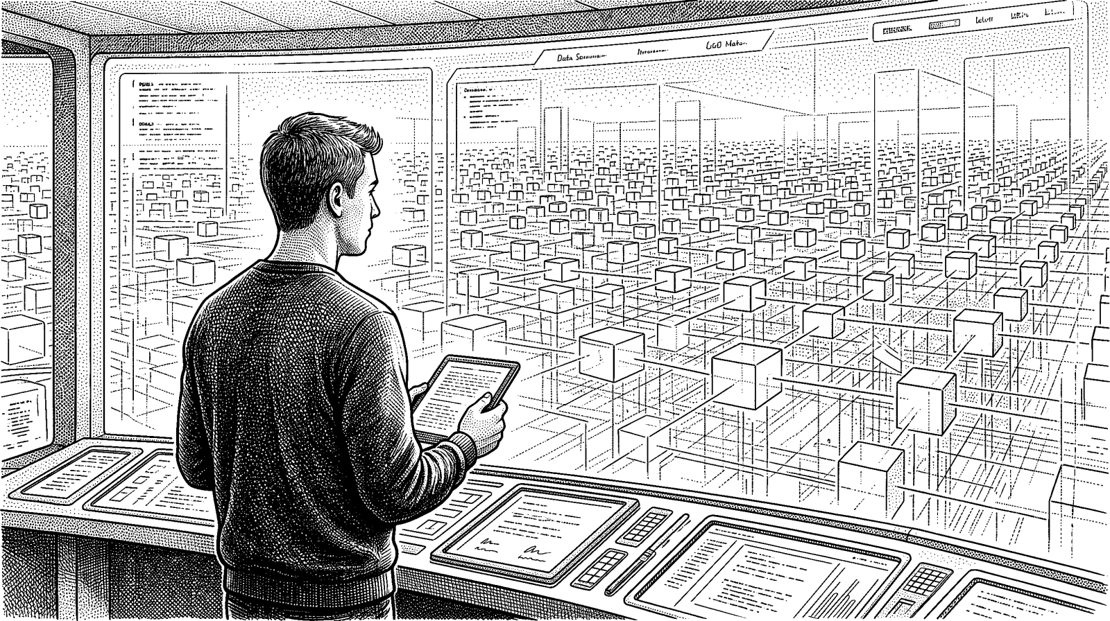 Hedcut illustration of A blockchain is designed as a shared record—distributed across many computers rather than maintained by a single trusted keeper—so that participants can check one another’s accounts without surrendering control to a central authority.