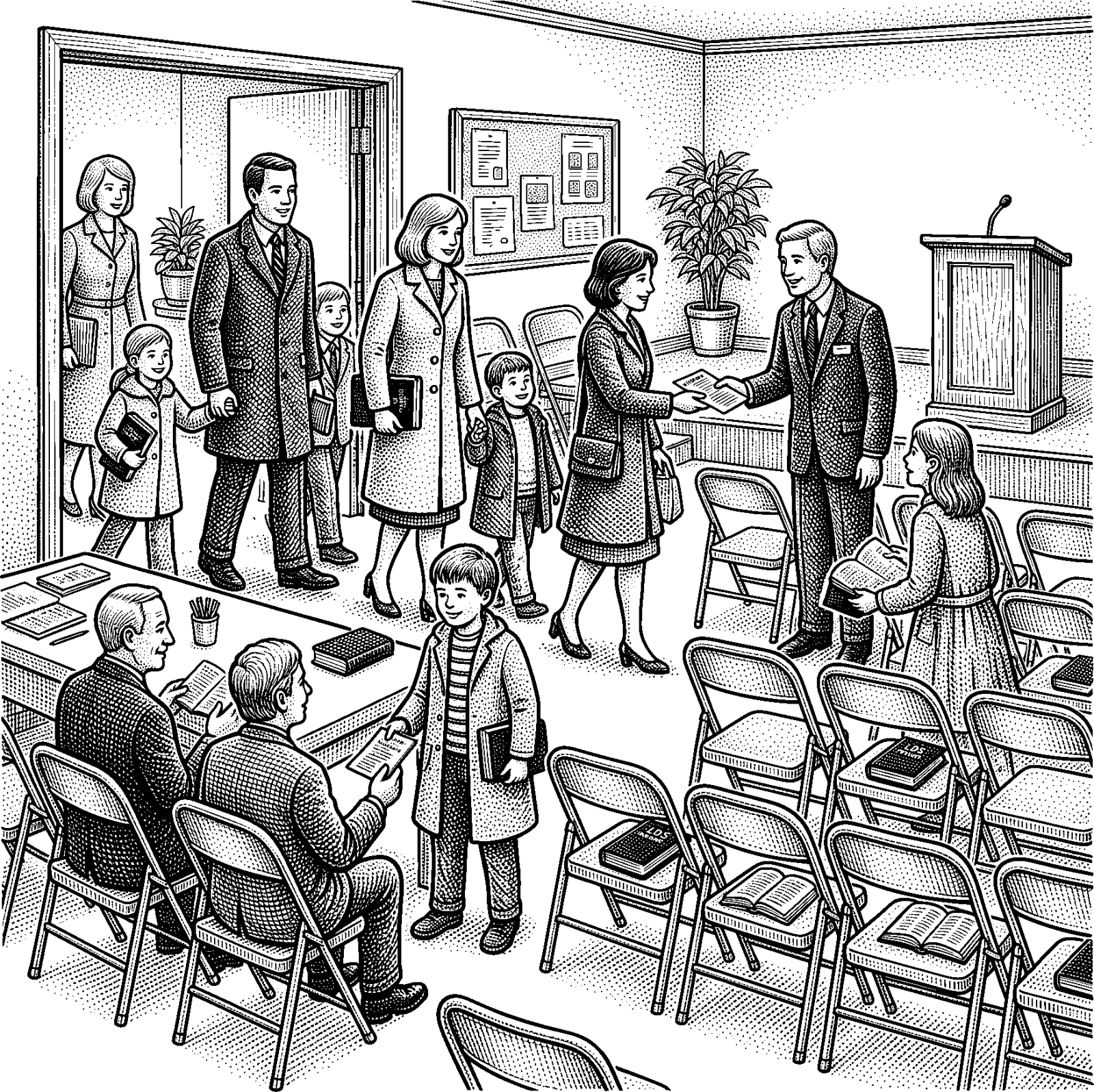 Hedcut illustration of LDS wards organize community by residence, binding neighbors to shared space and mutual support so that covenant life is practiced among people who did not choose one another.
