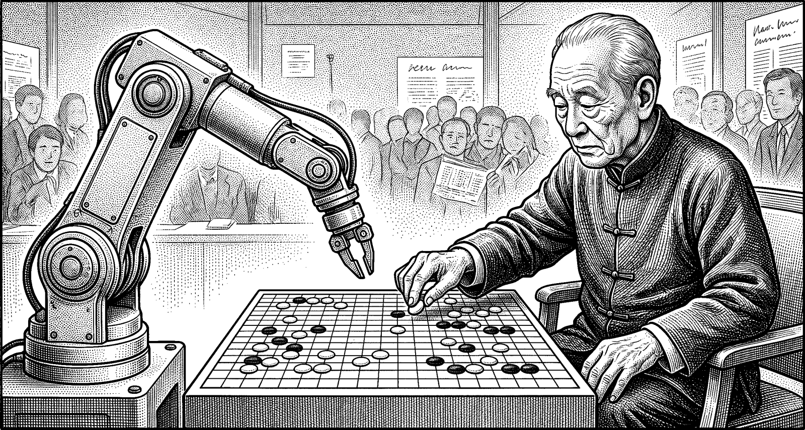 Hedcut illustration of The concept of artificial general intelligence imagines a machine that can transfer what it has learned across many kinds of work, not just operate in a single narrow setting.