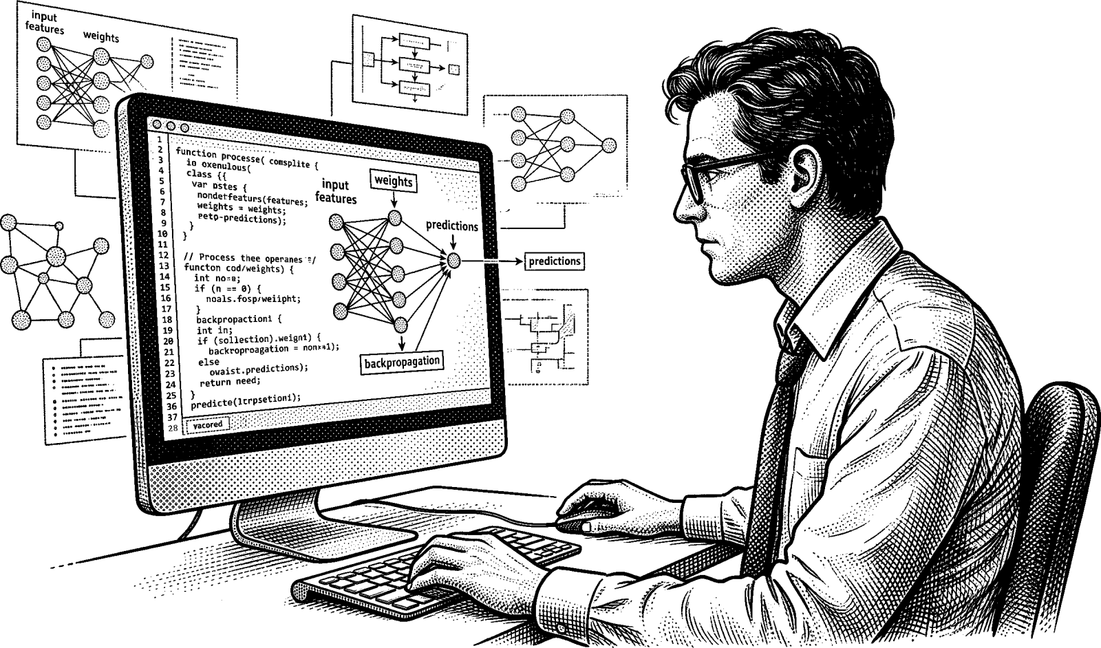 Hedcut illustration of The concept of artificial intelligence frames mindlike performance—pattern recognition, choice, language, and learning—as something machine systems can execute. The questions it raises about intelligence, responsibility, and obligation invite comparison with scriptural accounts of truth and accountability.