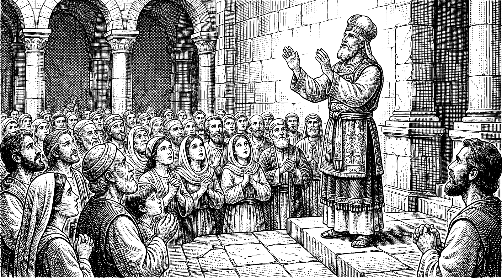 Hedcut illustration of The concept of cheer, rooted in “face” and “countenance,” aligns an outward disposition with a scriptural hope that God will “make his face shine” and lift up one’s head.
