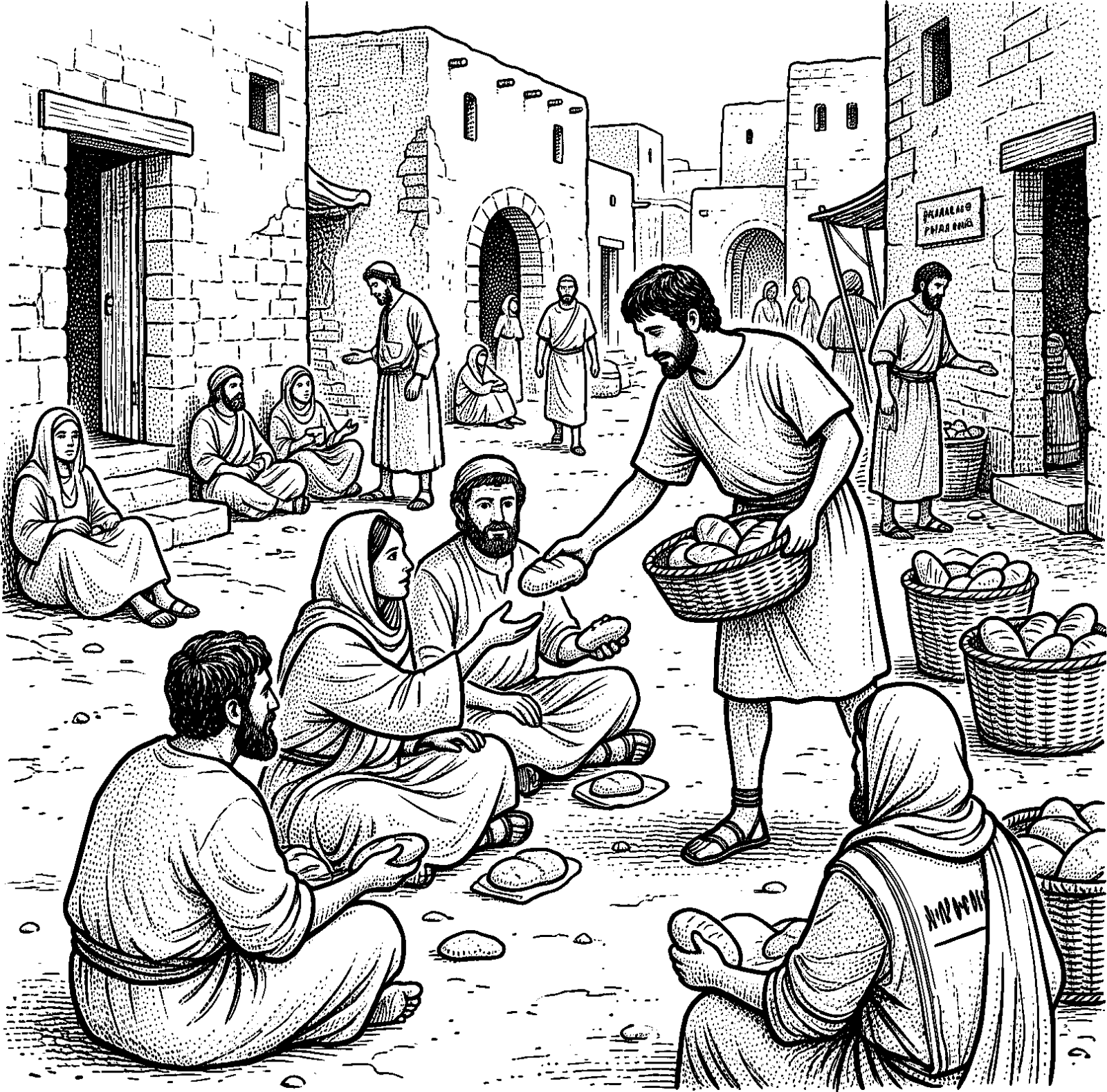 Hedcut illustration of The Gospel’s “Bread of Life” language is often connected to the promise of enduring life, and modern Latter-day Saint and Christian continuations of that hope emphasize concrete care for bodily need rather than an immediate spiritual bypass of hunger.