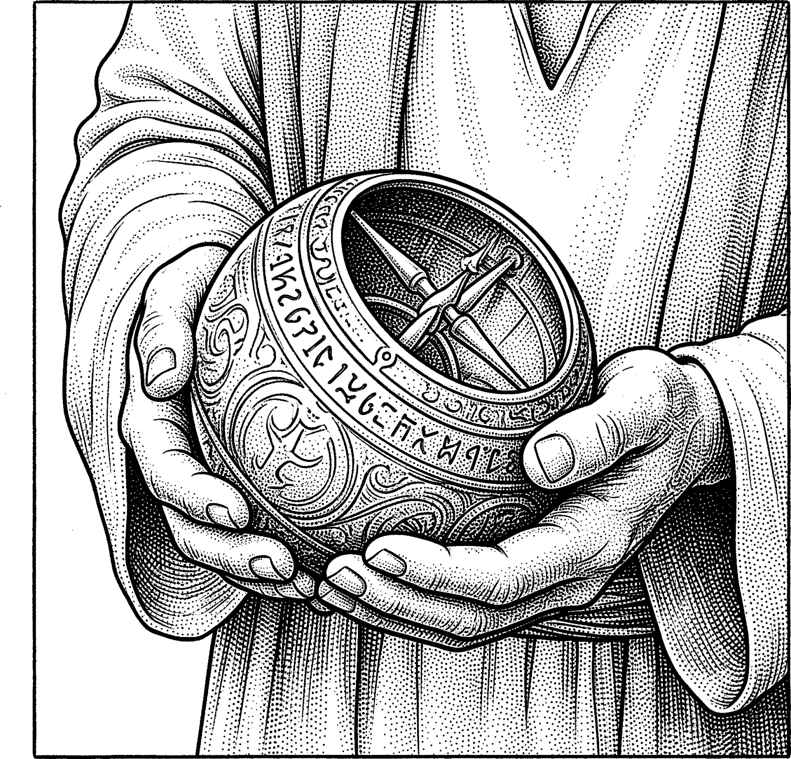 Hedcut illustration of When the world is declared good and embodied life is central, the impulse to enhance perception leans toward stewardship, not escape.