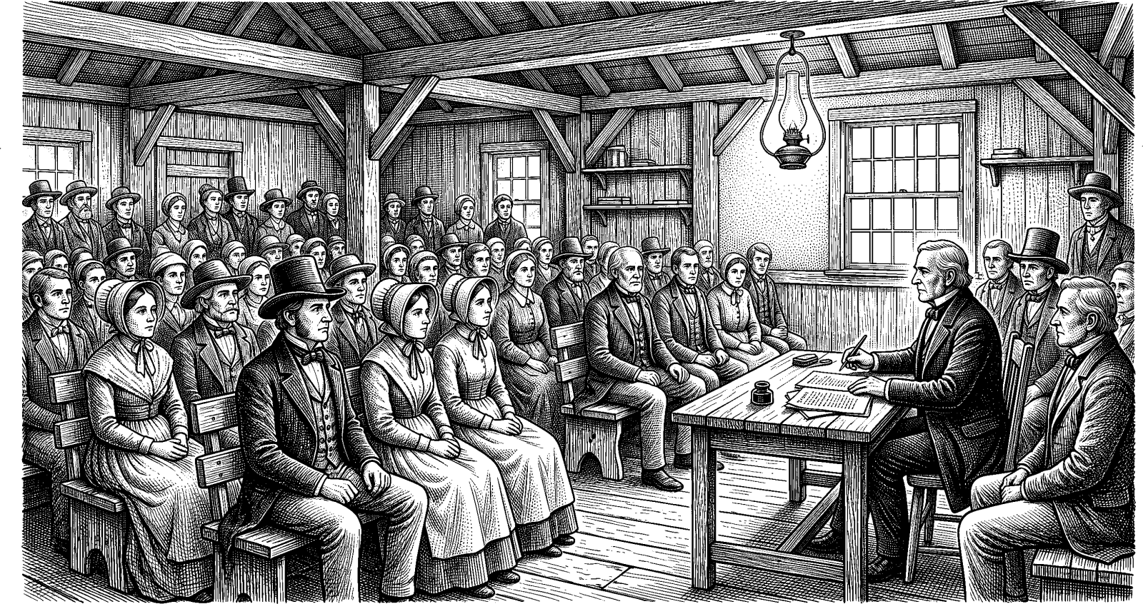 Hedcut illustration of In Restoration thought, organization follows covenant life: official formation and ongoing ministry are understood as an inherited structure meant to perfect the saints toward Christ.