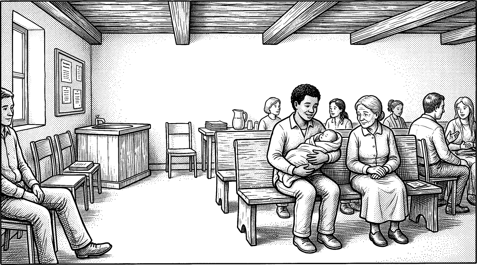 Hedcut illustration of Moroni 8 portrays children as inherently whole and innocent, so infant baptism is rejected; the tradition locates moral wholeness in Christ’s atonement rather than in a need for baptismal reconstitution.