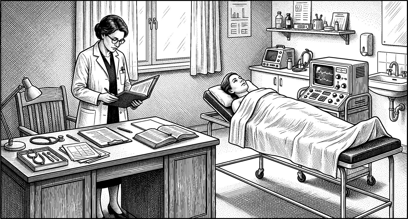 Hedcut illustration of Within this theological frame, medical intervention is treated as part of a larger account of human restoration, with technologies such as genetic therapy and life extension described as incremental steps toward a promised resurrection.