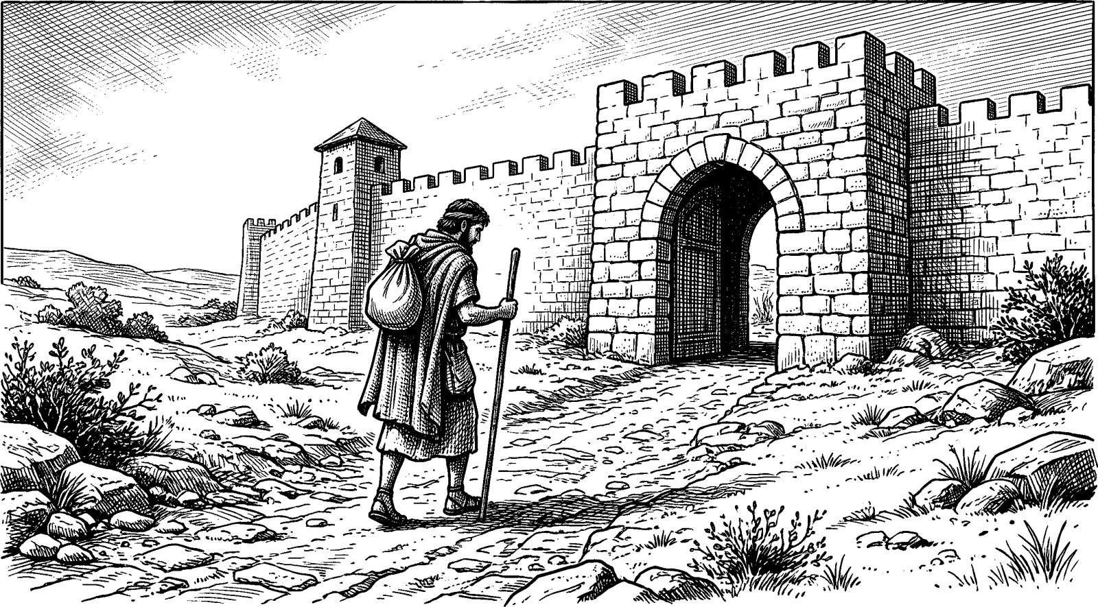 Hedcut illustration of Biblical Hebrew describes coming as purposeful movement toward another—entering a city, approaching a threshold, or walking toward shared deliberation.