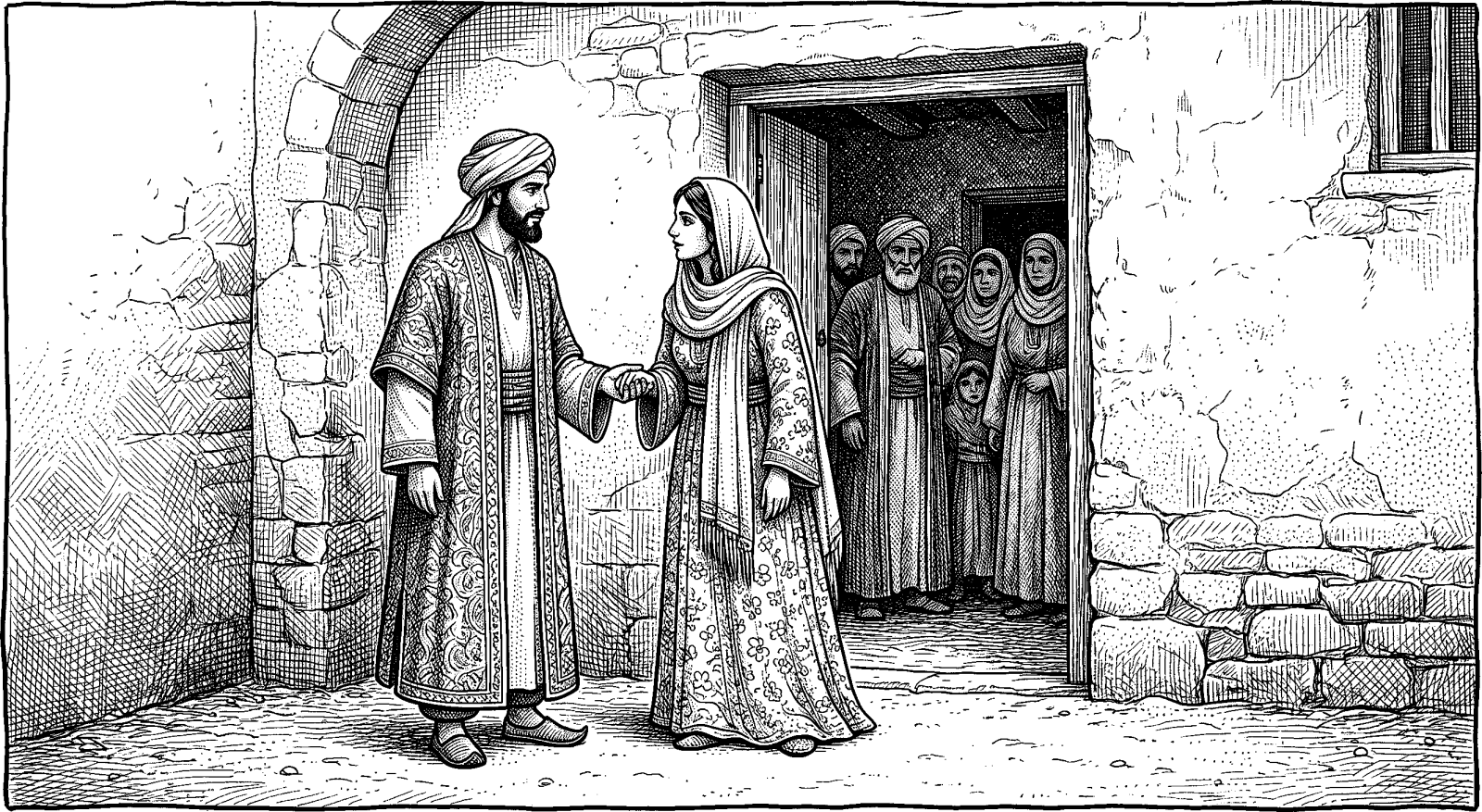 Hedcut illustration of “Bone of my bones, and flesh of my flesh” frames marriage as becoming “one flesh” (Genesis 2:23–24).