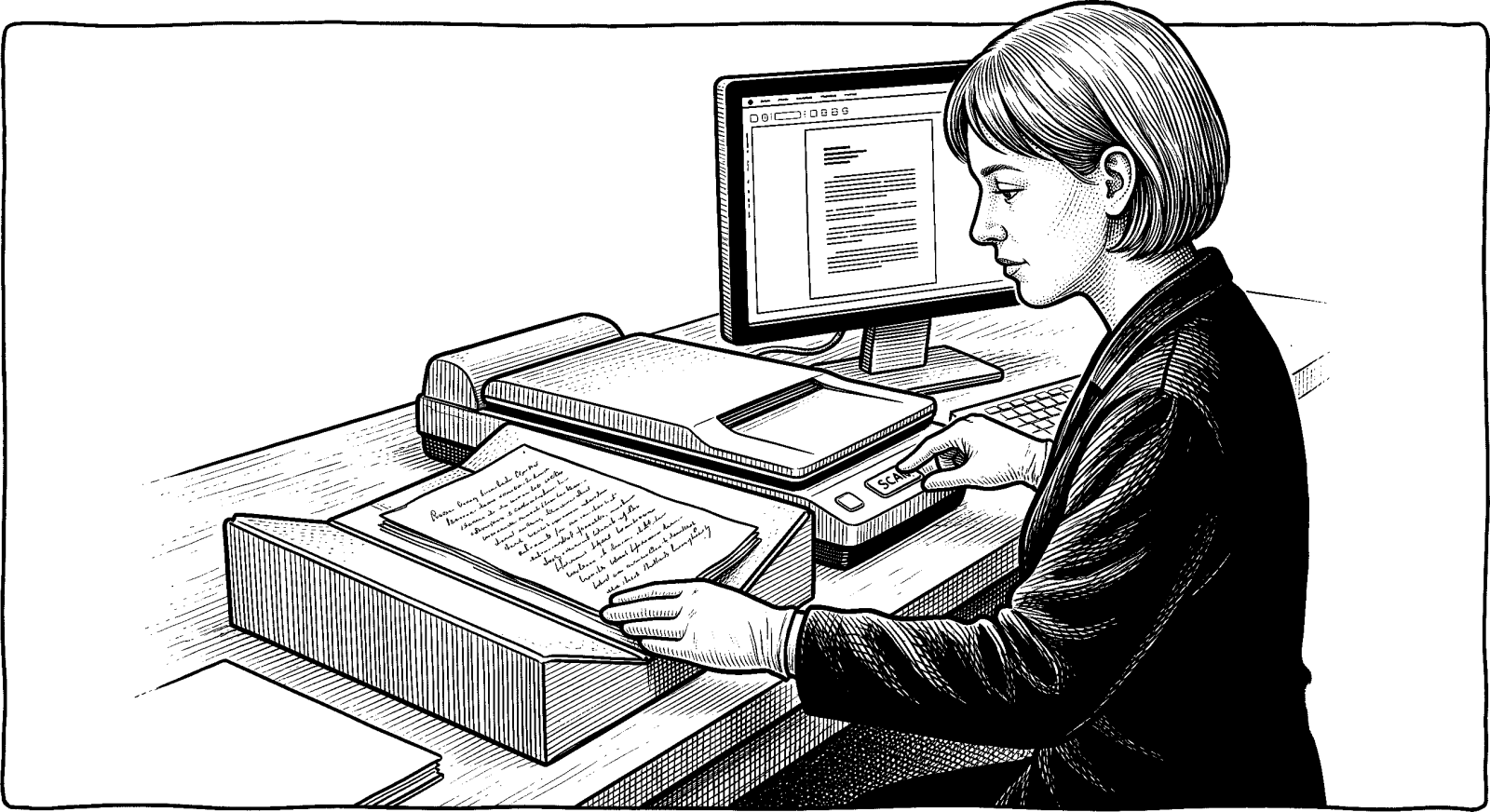 Hedcut illustration of FamilySearch uses machine learning to transcribe handwritten historical documents into searchable records, expanding access to genealogy research.