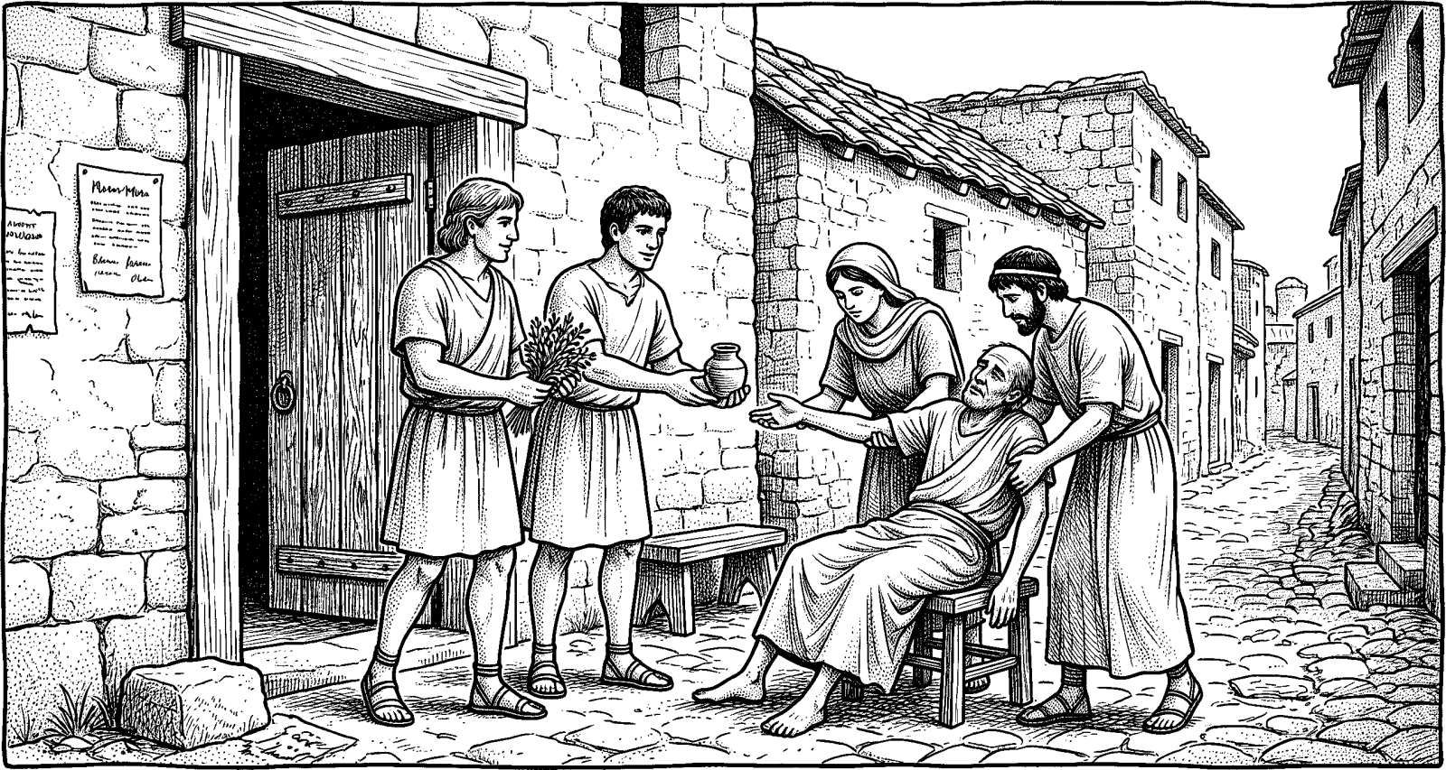 Hedcut illustration of “Freely ye have received, freely give” frames healing as a responsibility tied to the mission Jesus gave the Twelve.