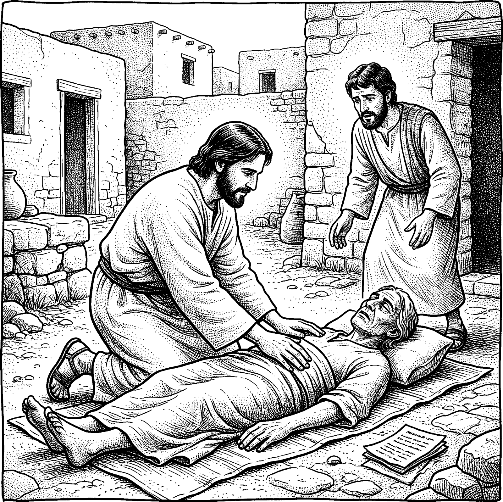 Hedcut illustration of “Freely ye have received, freely give” (Matthew 10:8) links the disciples’ received priestly capacity with an outward obligation to dispense it in healing service.