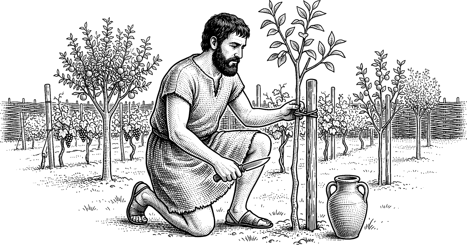 Hedcut illustration of In Genesis, commandments are framed not primarily as restrictions but as an entrusted charge within a covenantal relationship—work that includes guarding and tending what has been given.