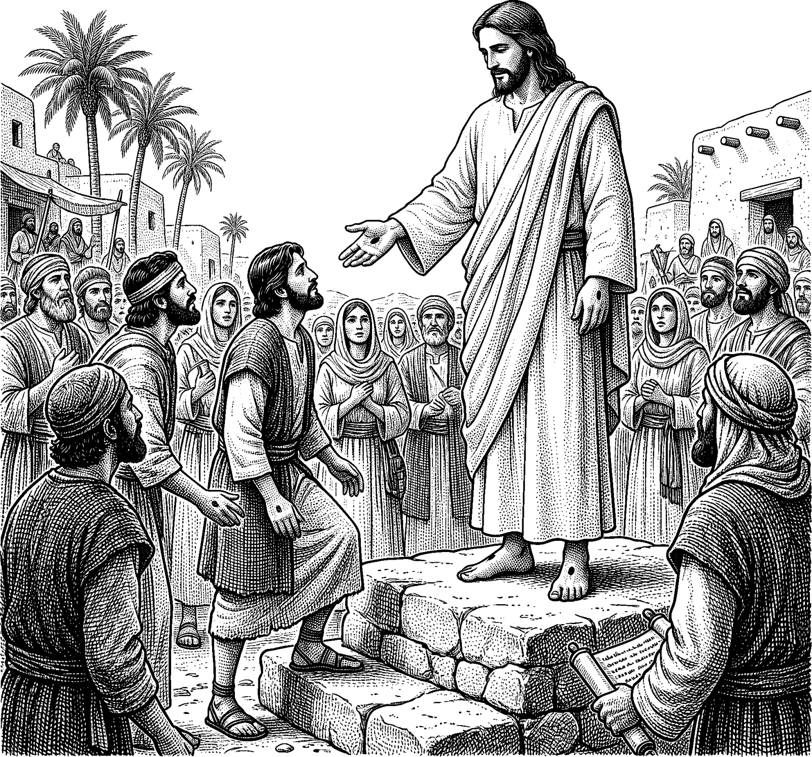 Hedcut illustration of In 3 Nephi, the invitation to come includes embodied knowledge: the tradition describes people approaching the risen Christ so they may recognize what he has done.