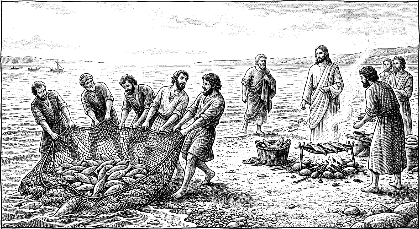Hedcut illustration of In John 21:11–12, the risen Christ directs the disciples to “draw” the catch and invites them to “Come and dine.”