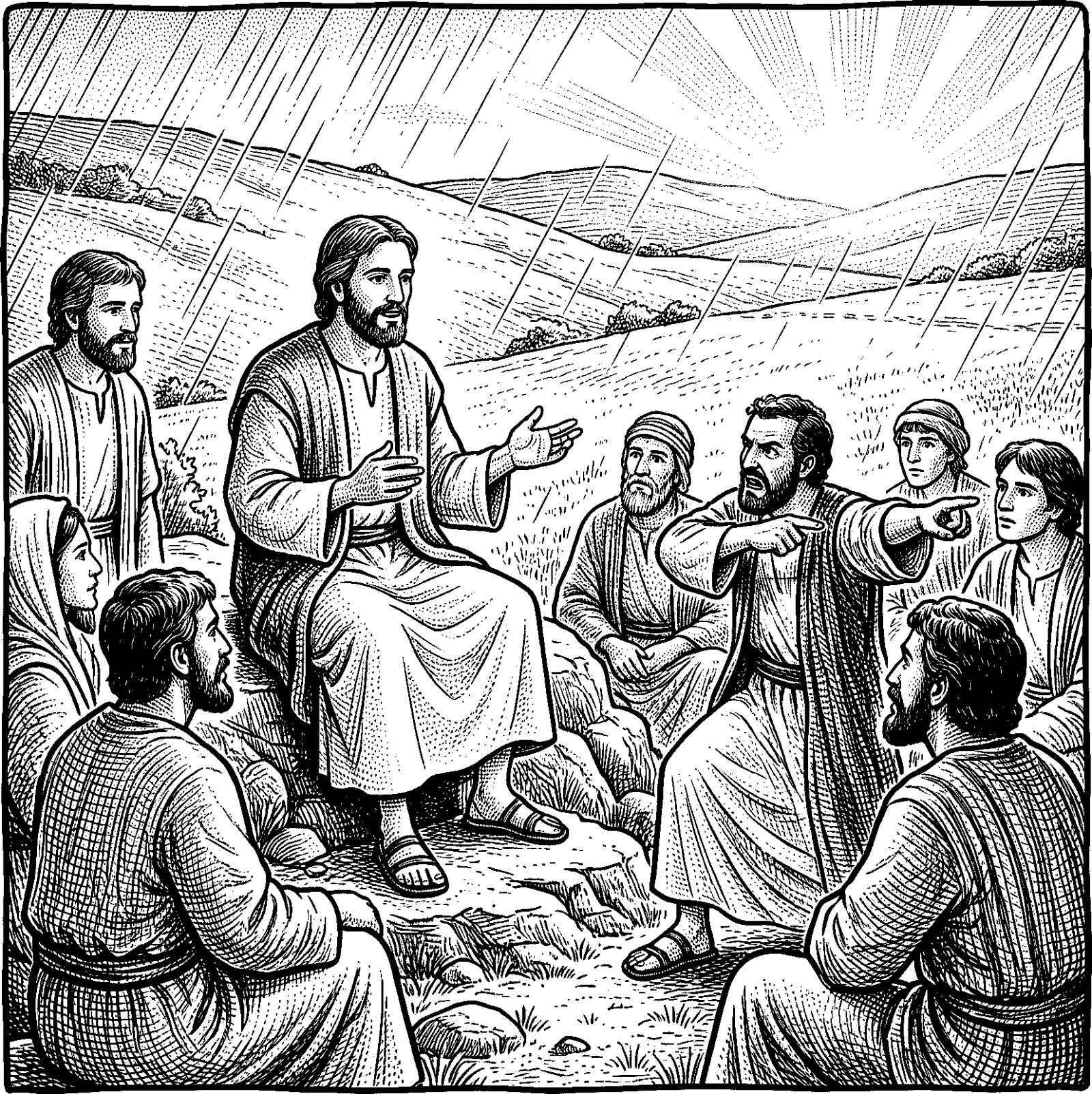 Hedcut illustration of In Matthew 5:44–45, Jesus teaches that loving enemies and doing good marks God’s children because God makes his sun rise and sends rain on “the just and on the unjust.”