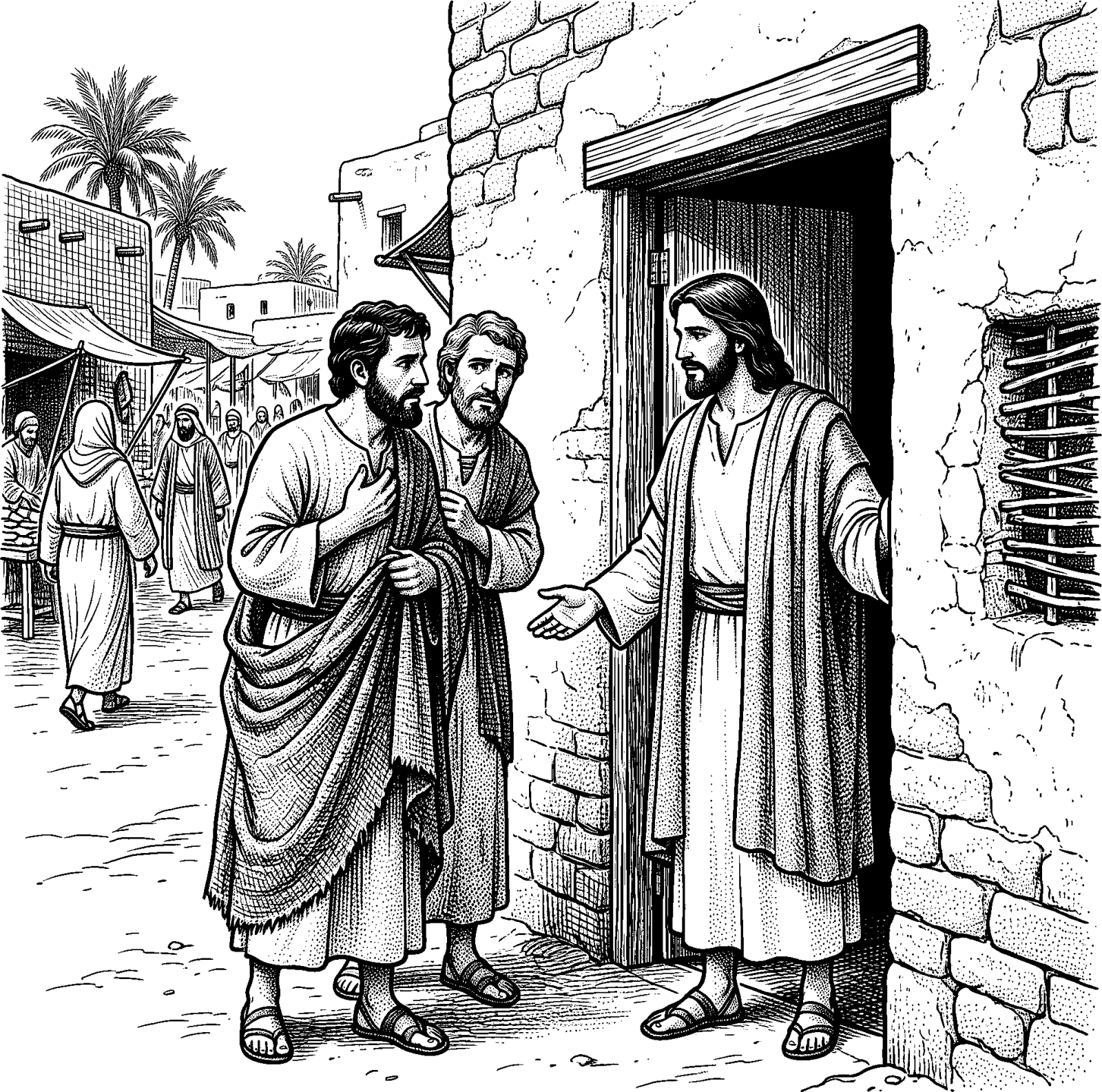 Hedcut illustration of In the Gospel of John, coming is an invitation that begins with proximity: disciples are offered time with Jesus before they receive fuller explanation, and understanding grows from the shared moment.