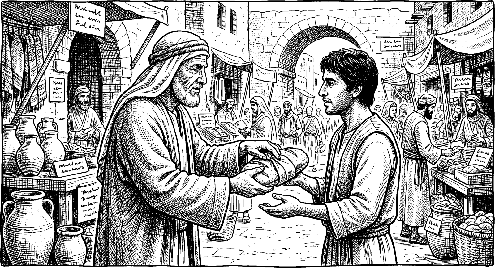 Hedcut illustration of James 1:17 and Moroni 10:18 portray gifts as descending from the Father, so the giver and receiver are bound by relationship rather than mere payment.