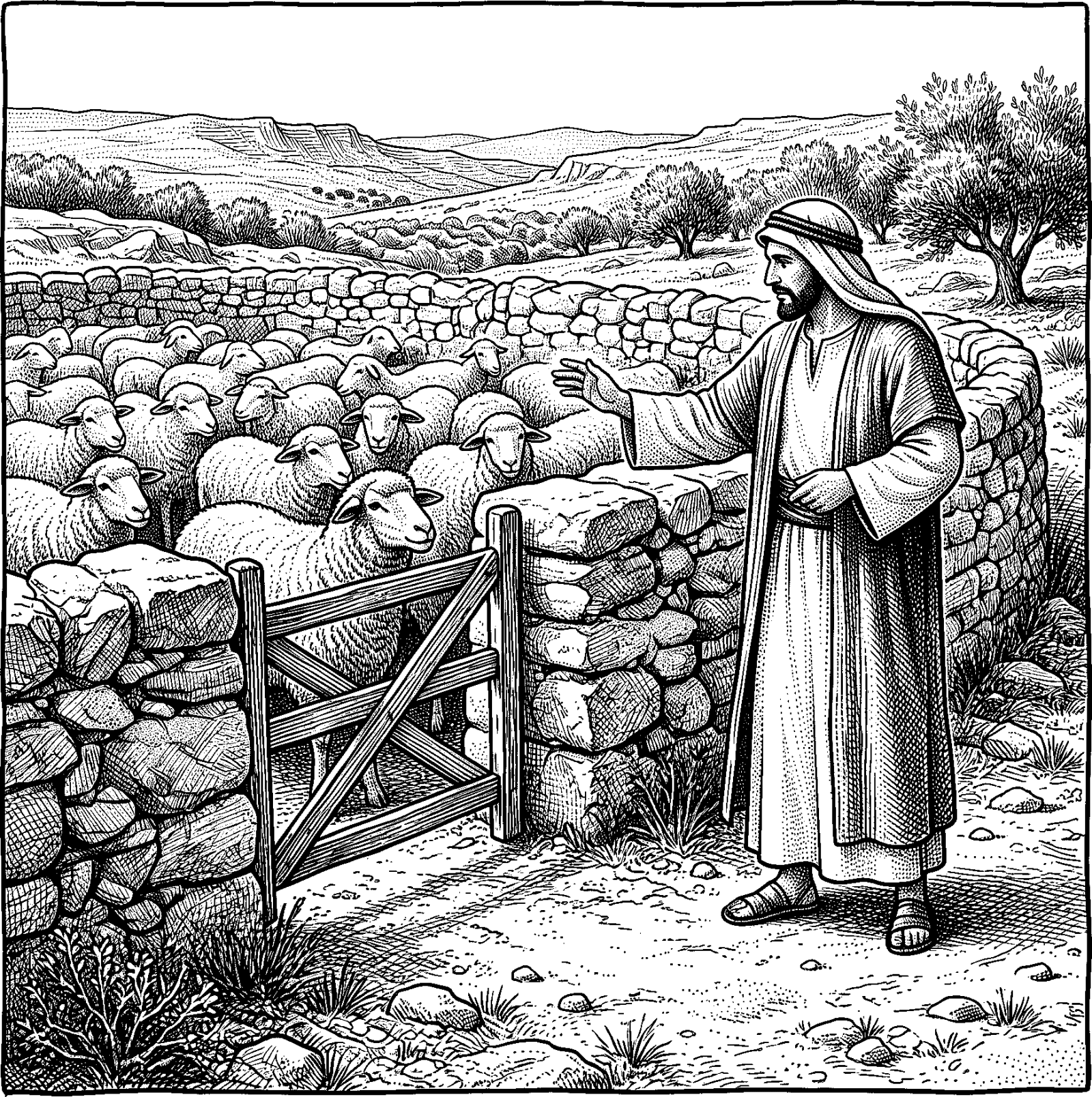 Hedcut illustration of Jesus’ “one fold, and one shepherd” (John 10:16) defines unity by the shepherd’s voice, not by a permanent boundary.