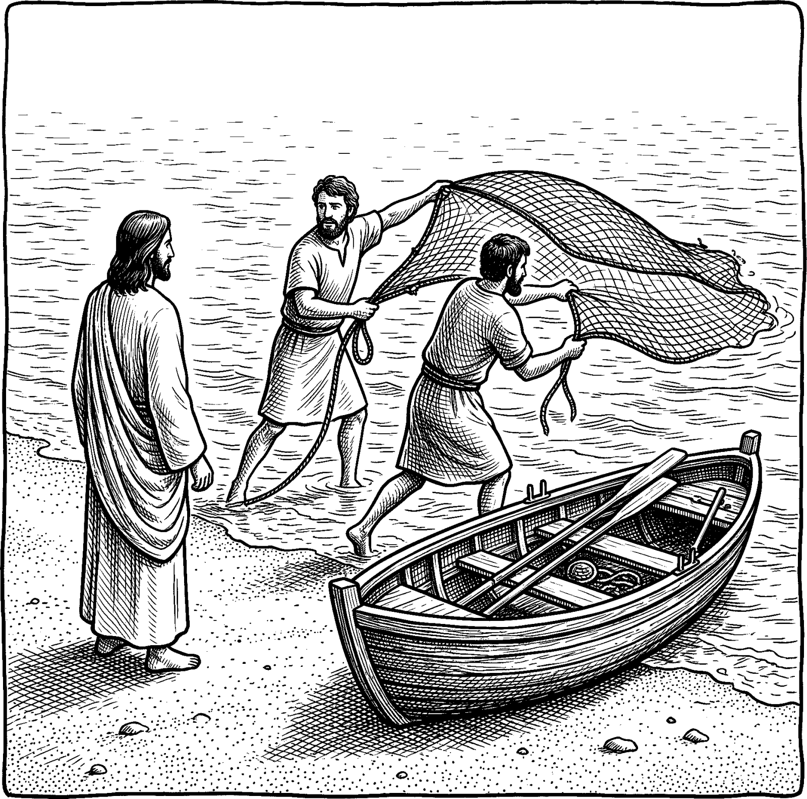 Hedcut illustration of Jesus told Peter and Andrew, “Follow me, and I will make you fishers of men” (Matthew 4:19).