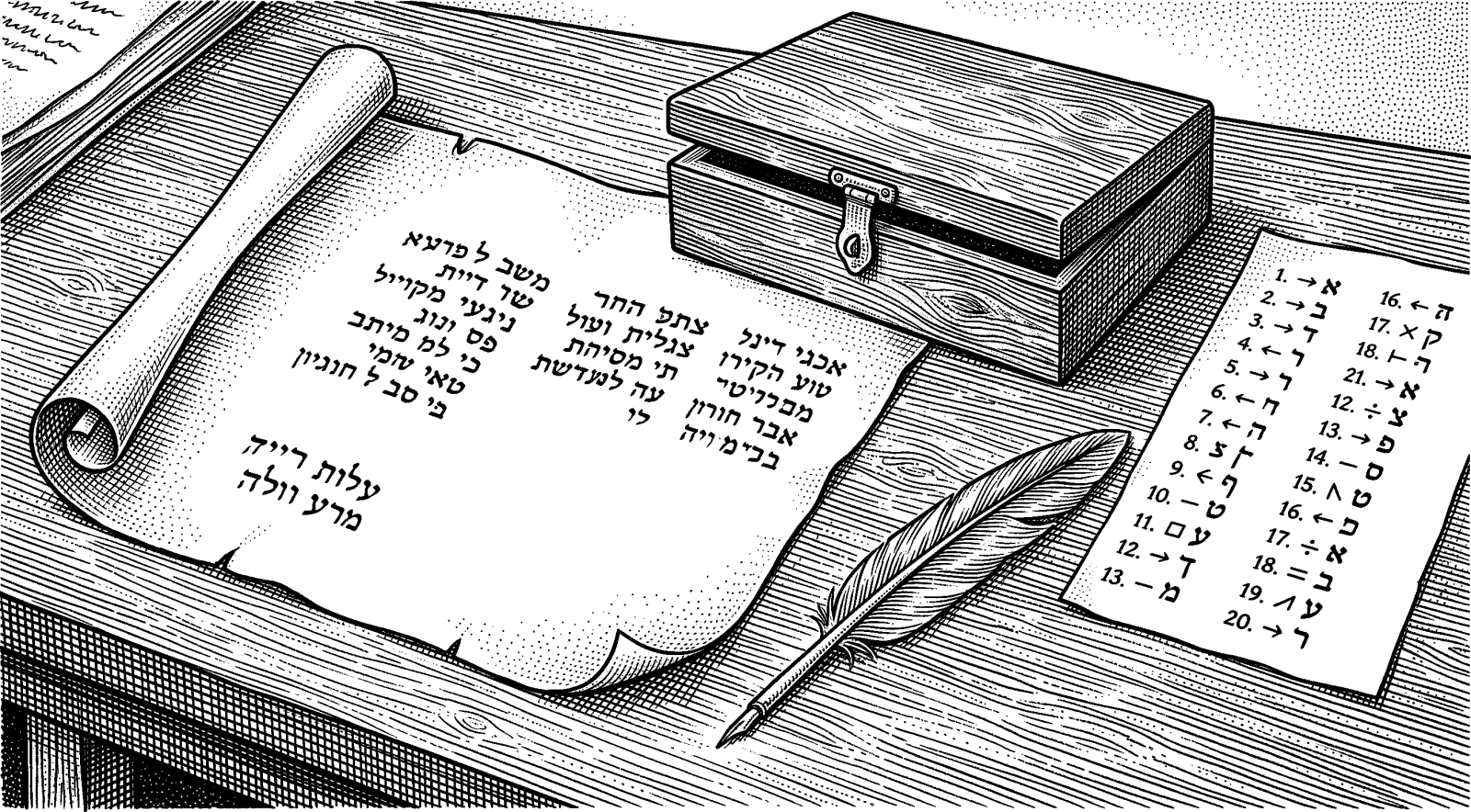 Hedcut illustration of Jewish interpreters read Sheshach as a ciphered form of Babel, treating the oracle as deliberately obscured to outsiders but intelligible to those who know the substitution system.
