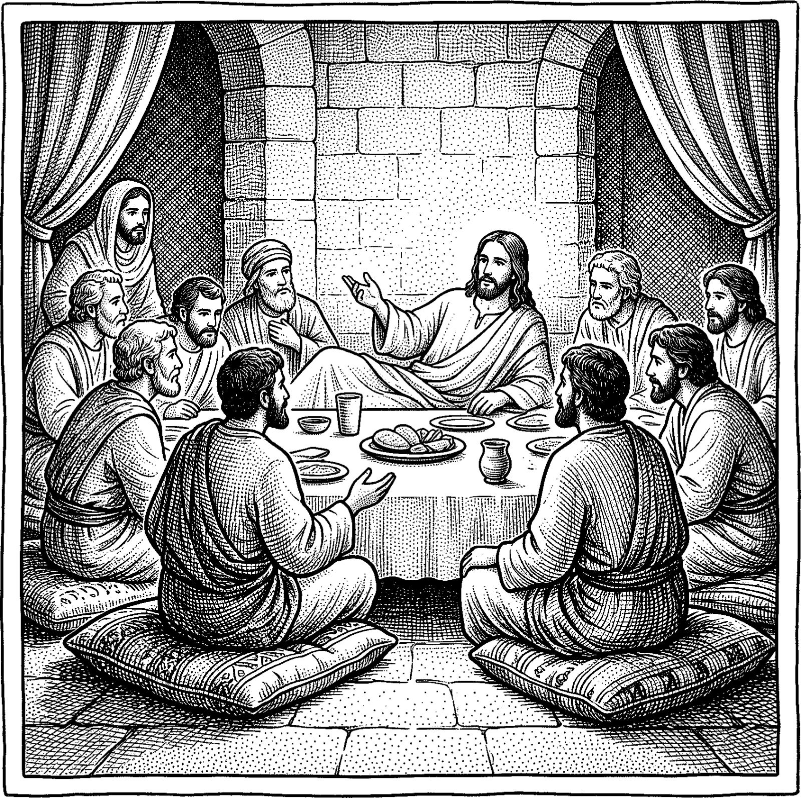 Hedcut illustration of John 15:13–15 defines friendship by willingness to give up one’s life and by revealing what the Father has made known.