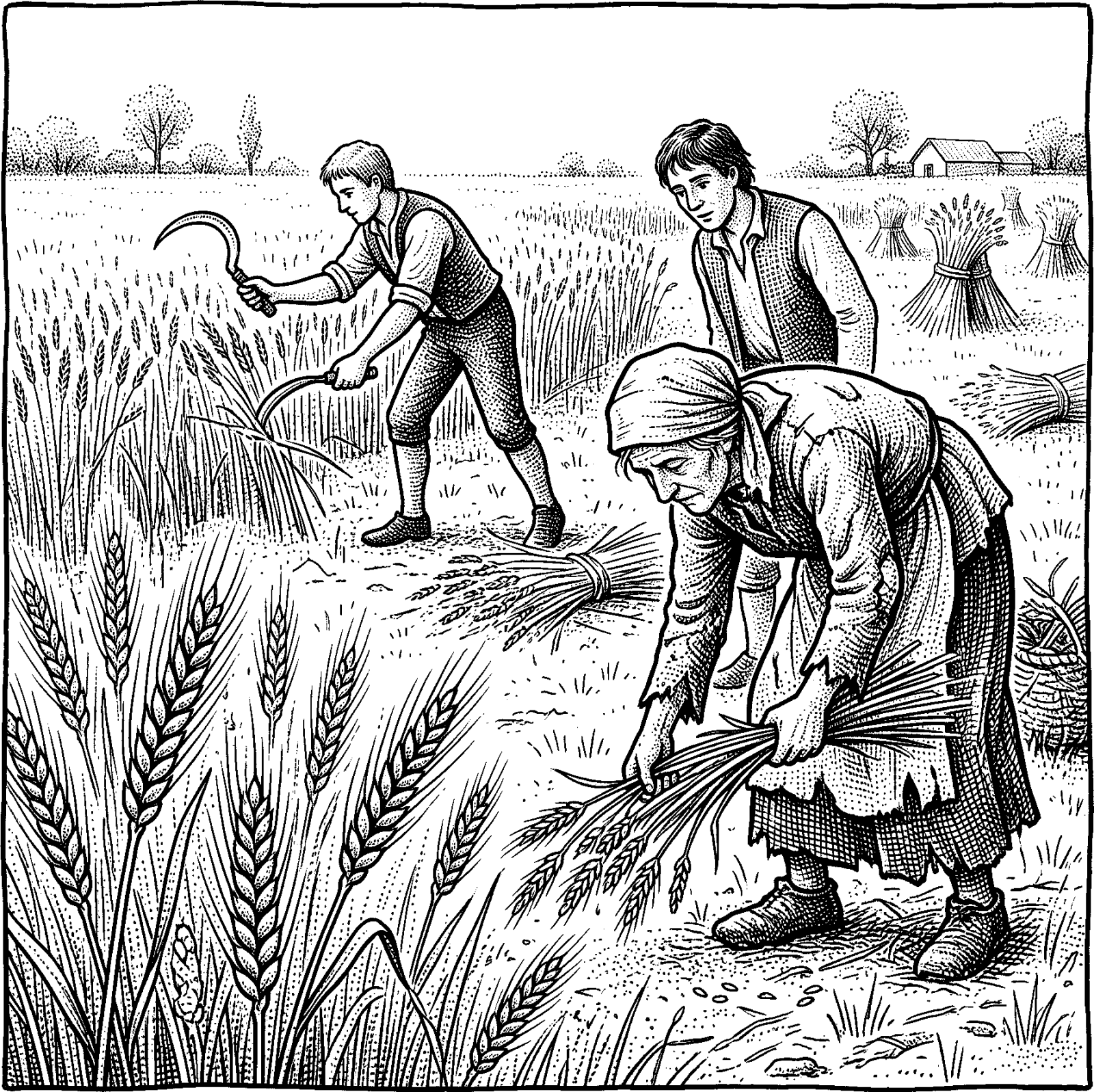 Hedcut illustration of Leviticus 19 commands leaving the corners of the field for “the poor and stranger.”