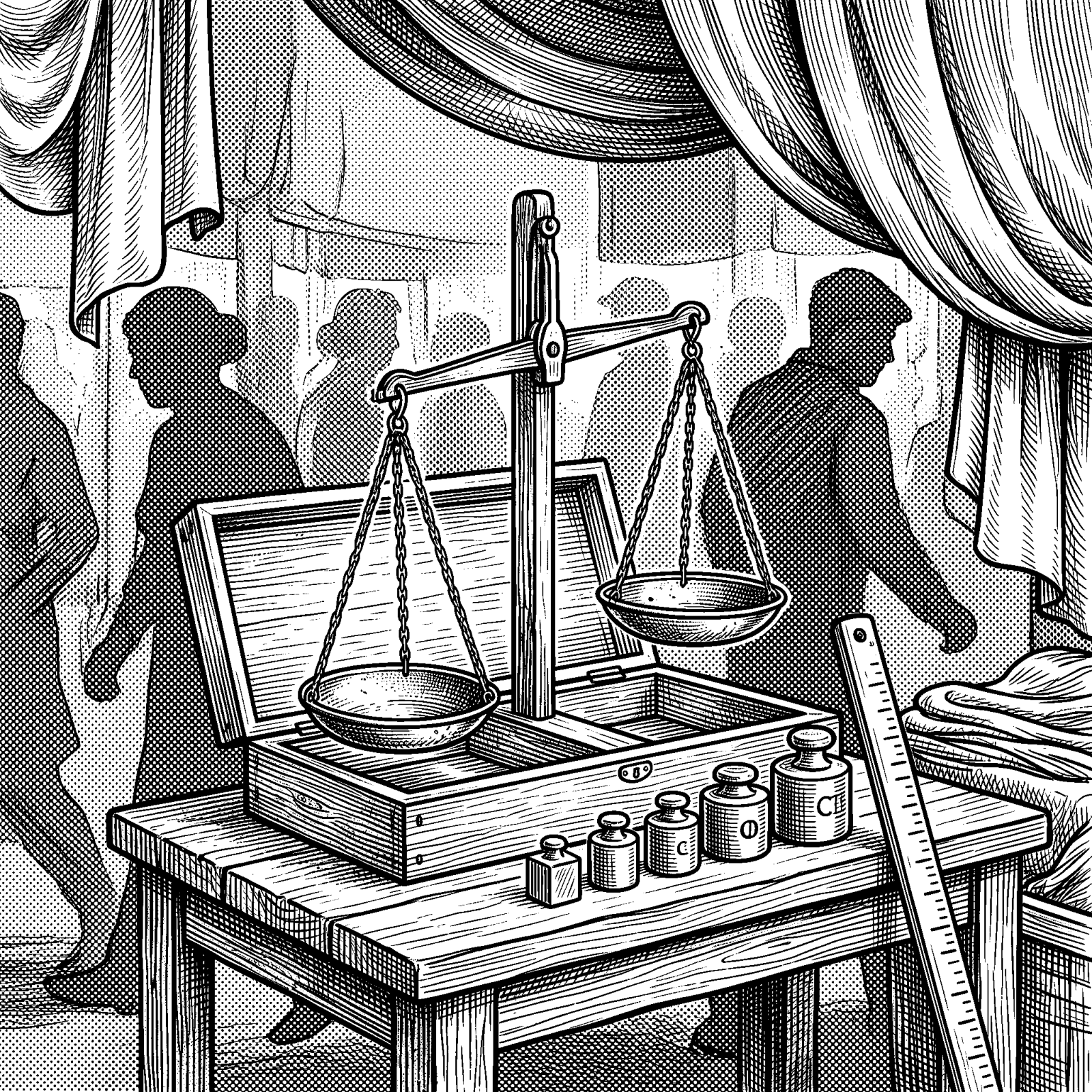 Hedcut illustration of Leviticus, Deuteronomy, and Proverbs present false weights and balances as an ethical wrong because the power to measure can enable quiet theft from those who cannot verify the amounts.