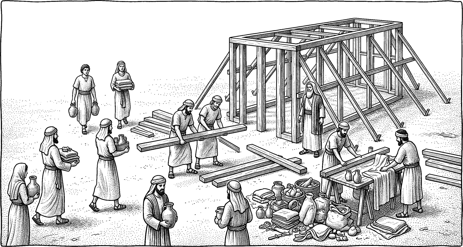 Hedcut illustration of Moses asked for the tabernacle materials from “whosoever is of a willing heart” (Exodus 35:5), and the people ultimately had to be restrained from bringing more (Exodus 36:5-6).
