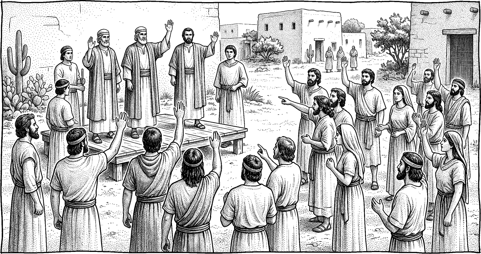 Hedcut illustration of Mosiah’s reform replaced kings with judges chosen by the voice of the people so “the burden should come upon all the people, that every man might bear his part.”